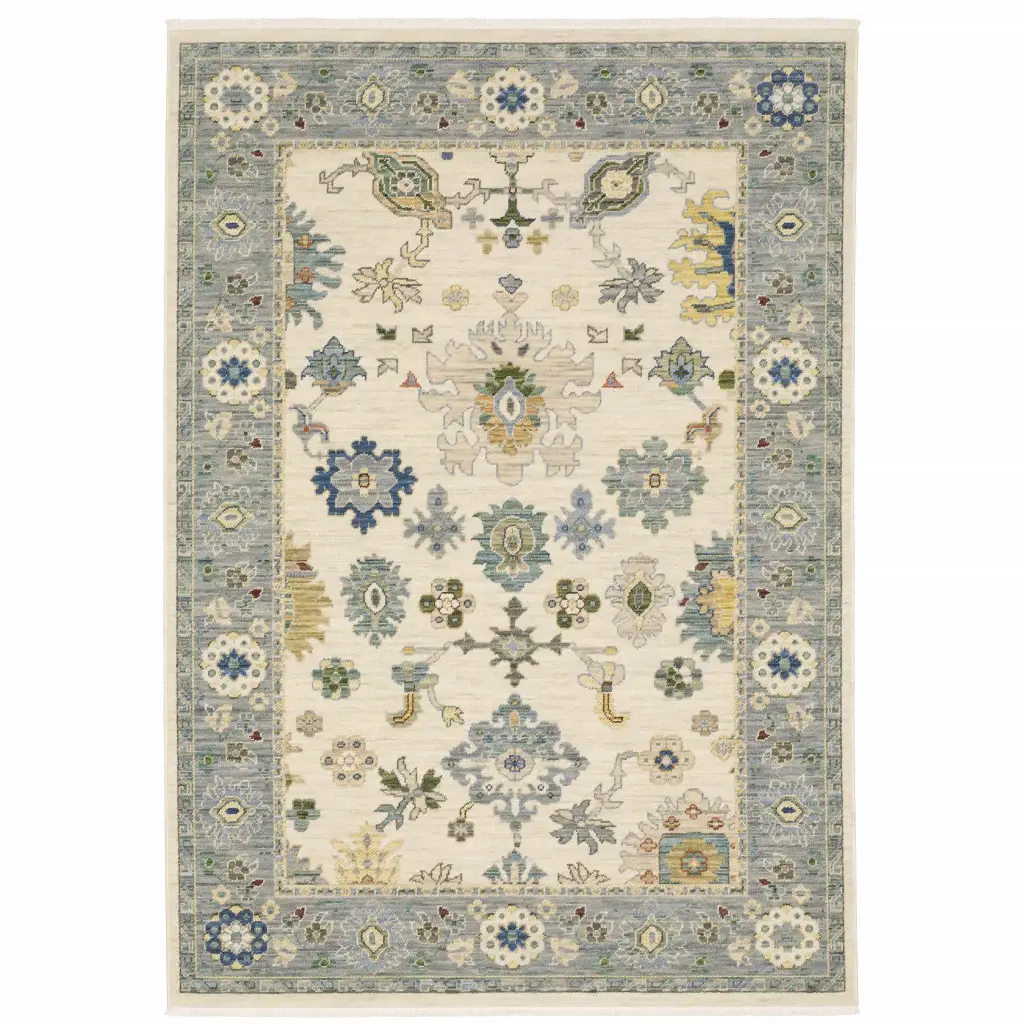 5' X 8' Ivory Blue Grey Teal Gold Green And Rust Oriental Power Loom Stain Resistant Area Rug With Fringe - Image 2