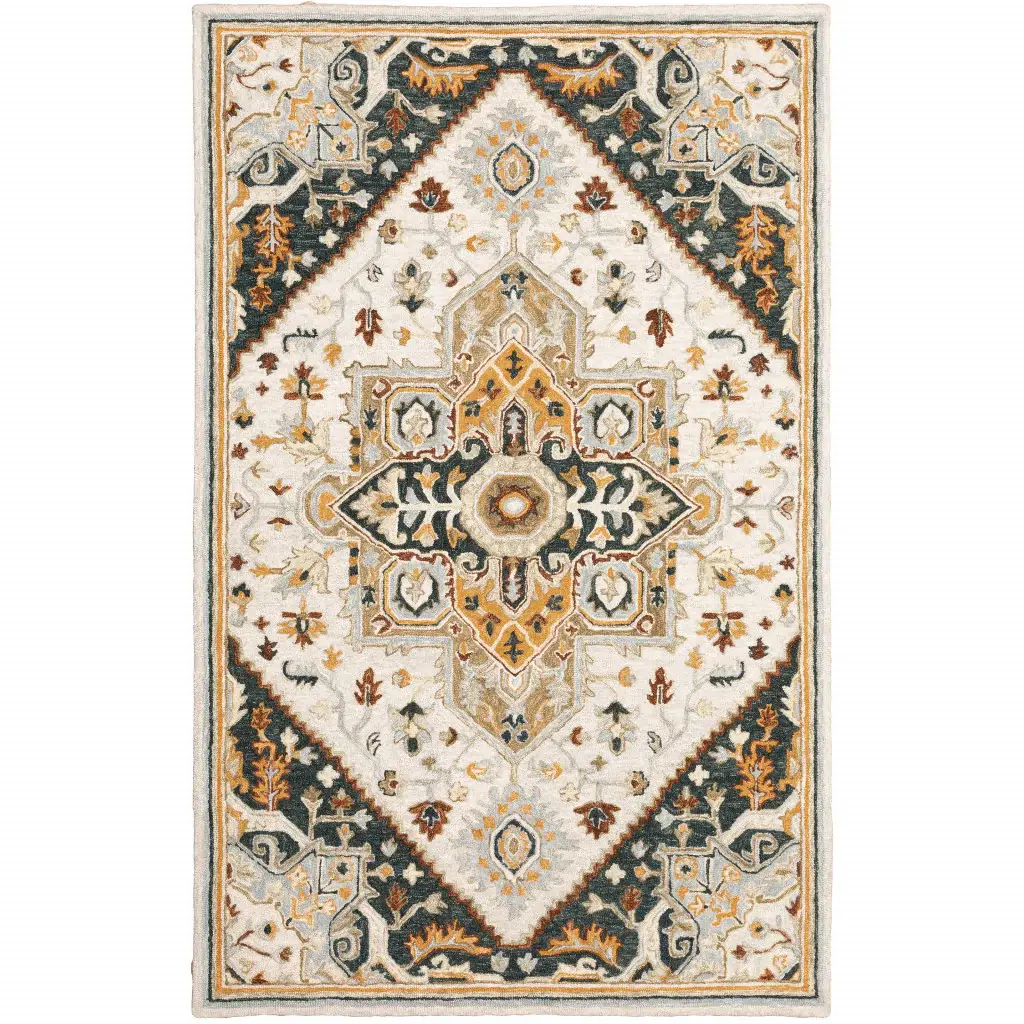 5' X 8' Ivory Charcoal Gold Clay And Muted Blue Oriental Tufted Handmade Stain Resistant Area Rug - Image 2