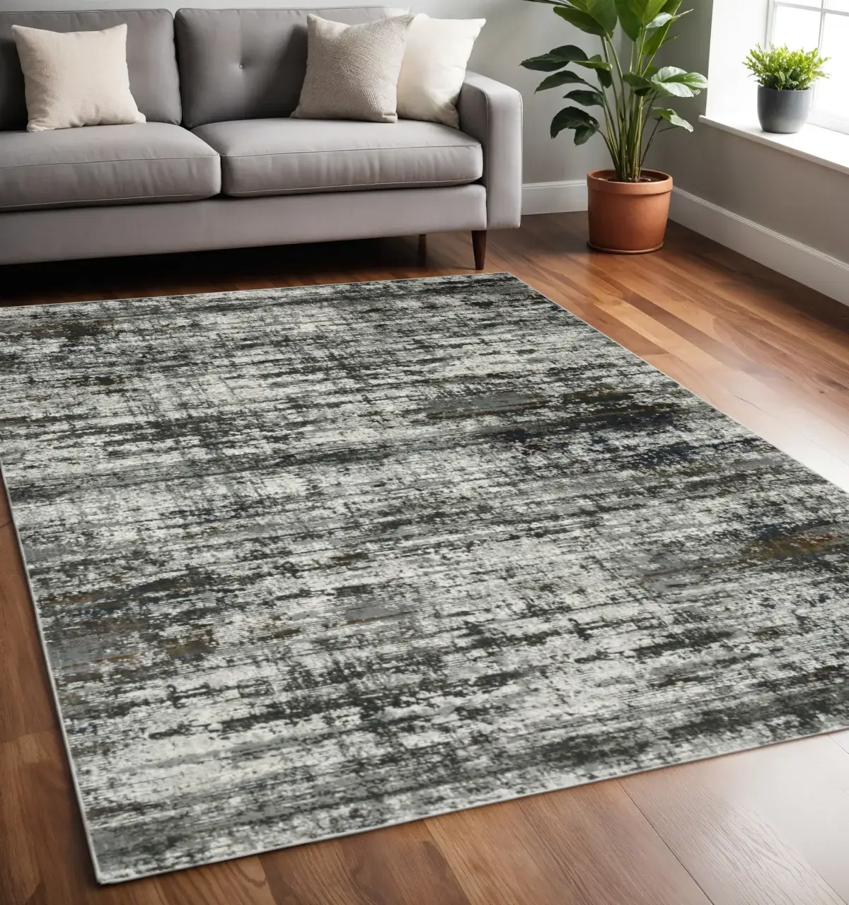 5' X 8' Ivory Charcoal Grey Blue Rust And Brown Abstract Power Loom Stain Resistant Area Rug