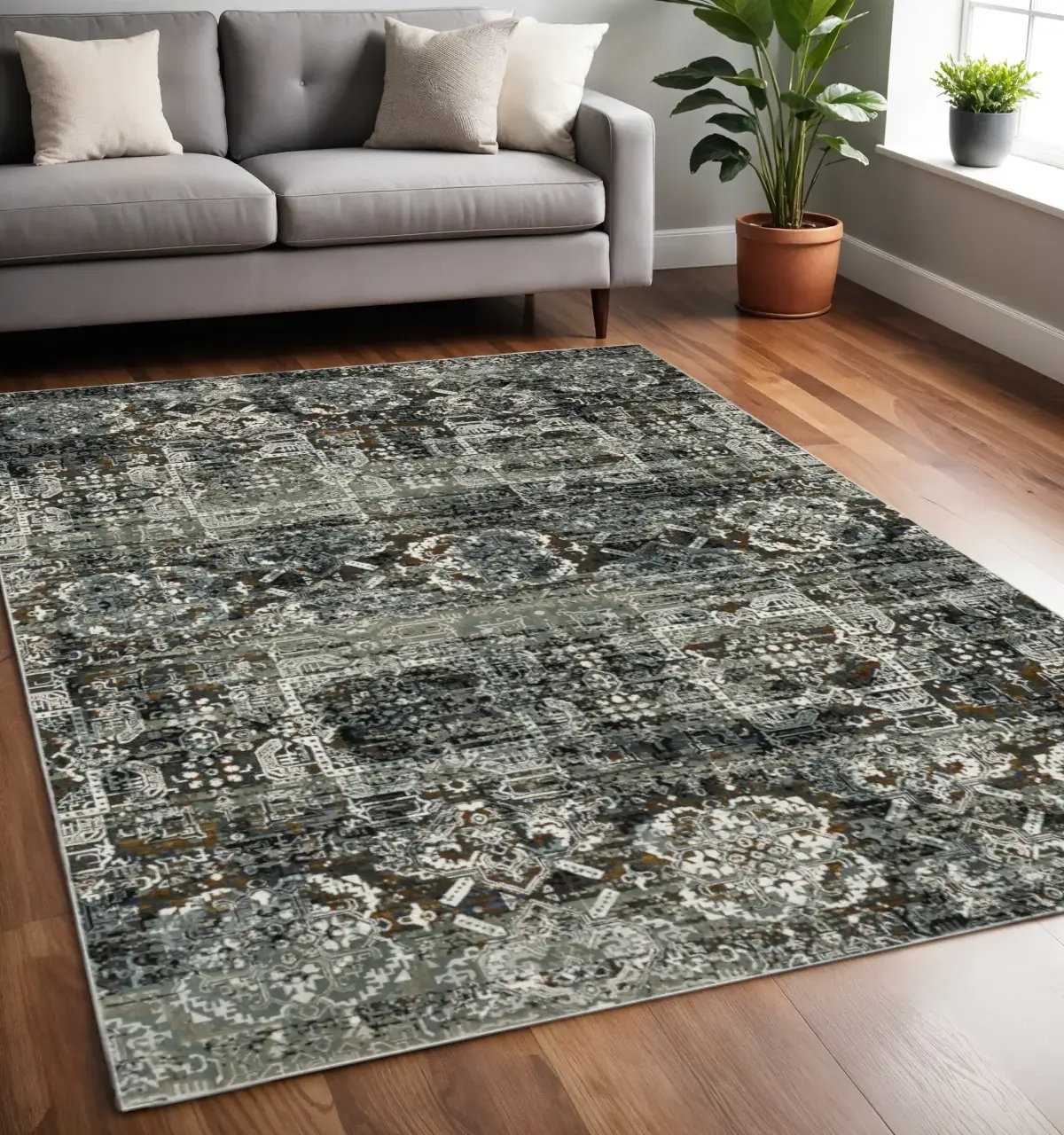 5' X 8' Ivory Charcoal Grey Blue Rust Gold And Brown Oriental Power Loom Stain Resistant Area Rug