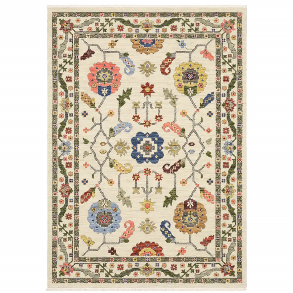 5' X 8' Ivory Green Blues Pink Yellow Rust Brown Tan And Grey Oriental Power Loom Stain Resistant Area Rug With Fringe - Image 2