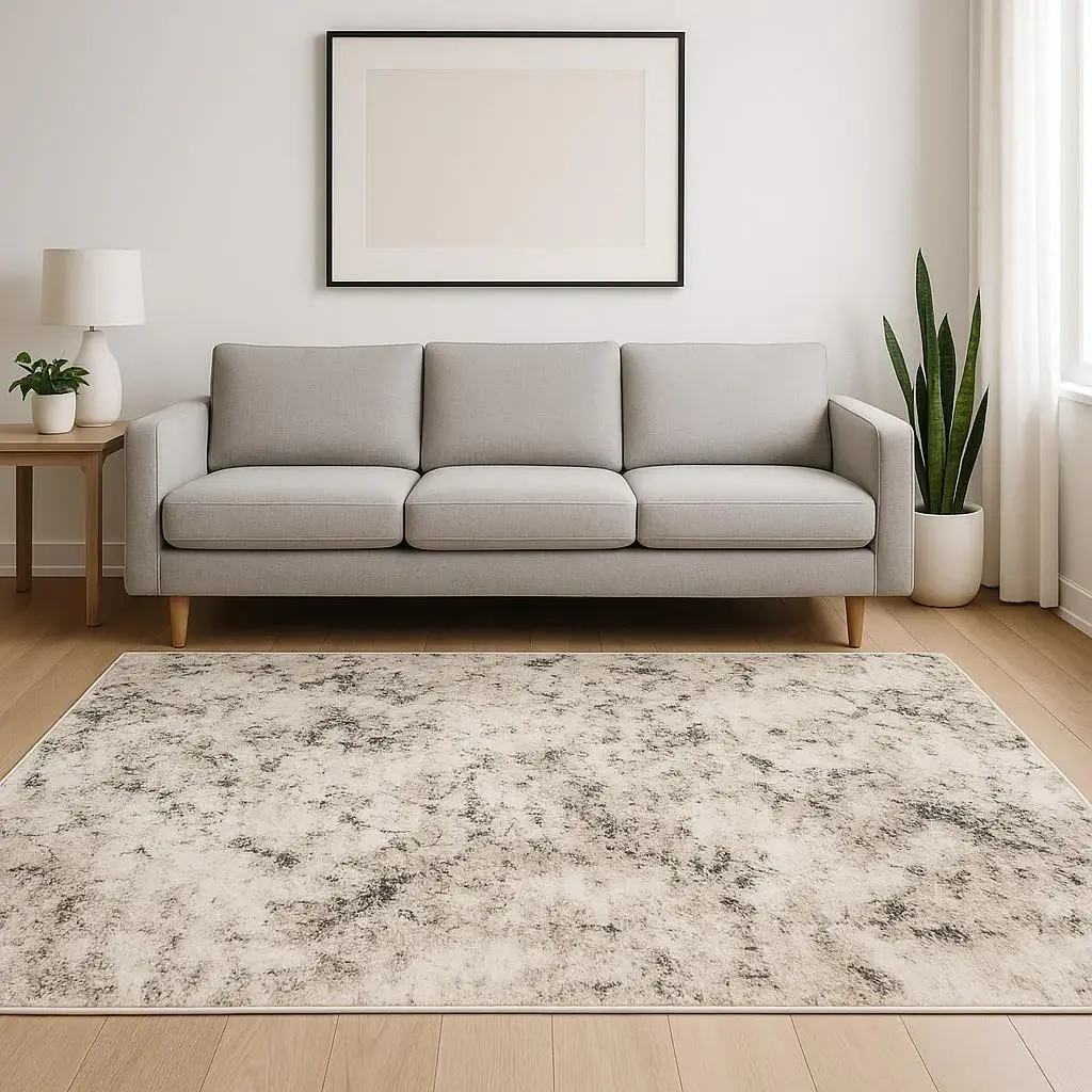 5' X 8' Ivory Grey Black Beige And Tan Abstract Power Loom Stain Resistant Area Rug