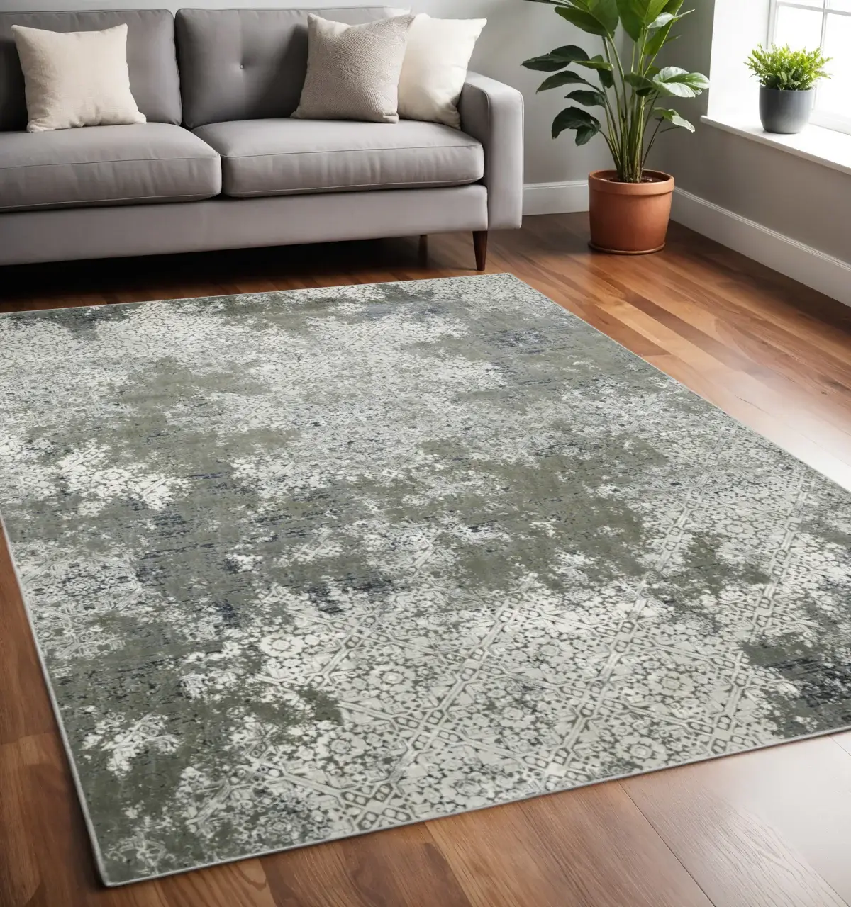 5' X 8' Ivory Grey Blue And Taupe Abstract Power Loom Stain Resistant Area Rug