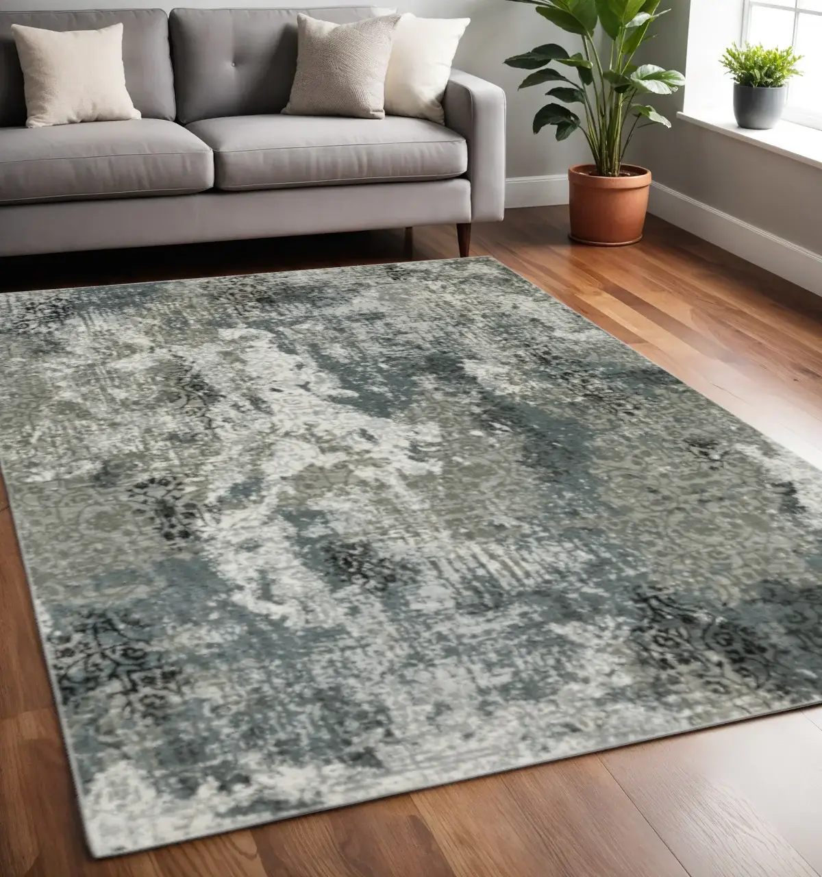 5' X 8' Ivory Grey Charcoal Blue And Navy Abstract Power Loom Stain Resistant Area Rug