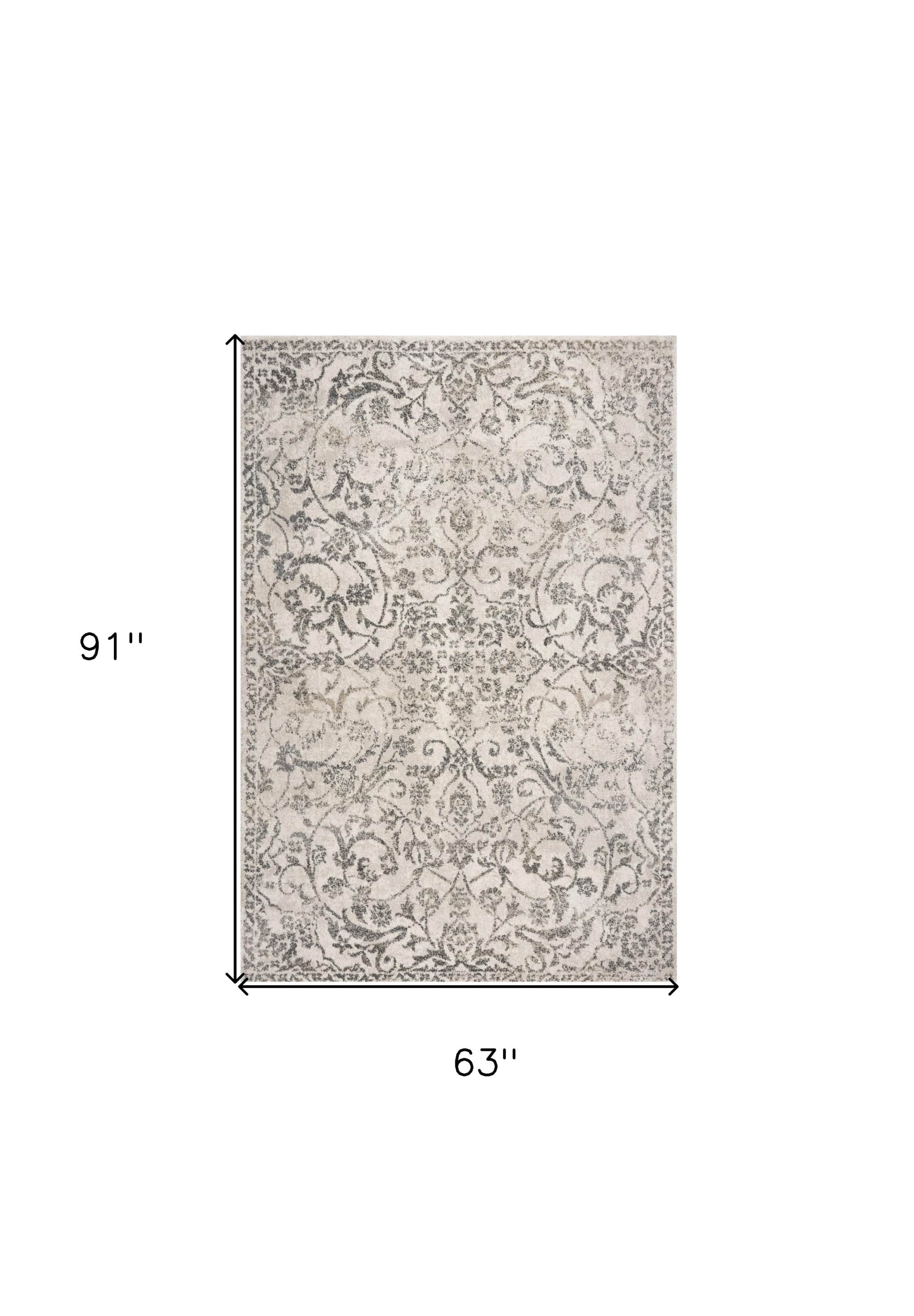 5' X 8' Ivory Machine Woven Distressed Traditional Floral Vines Indoor Area Rugg - Image 2