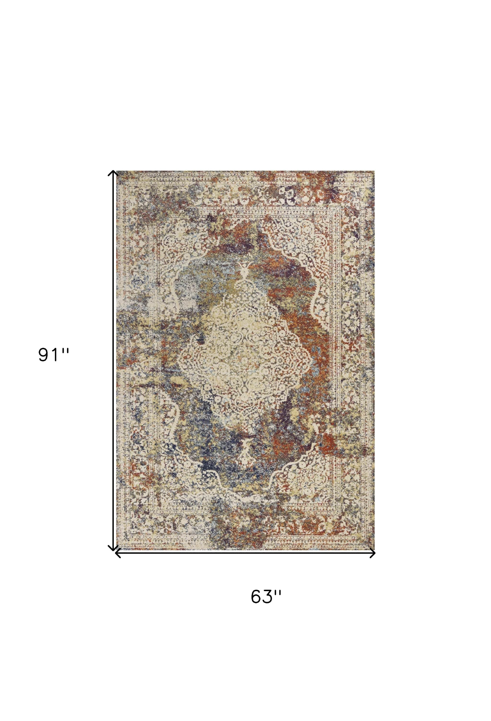 5' X 8' Ivory Navy and Orange Medallion Area Rug - Image 3