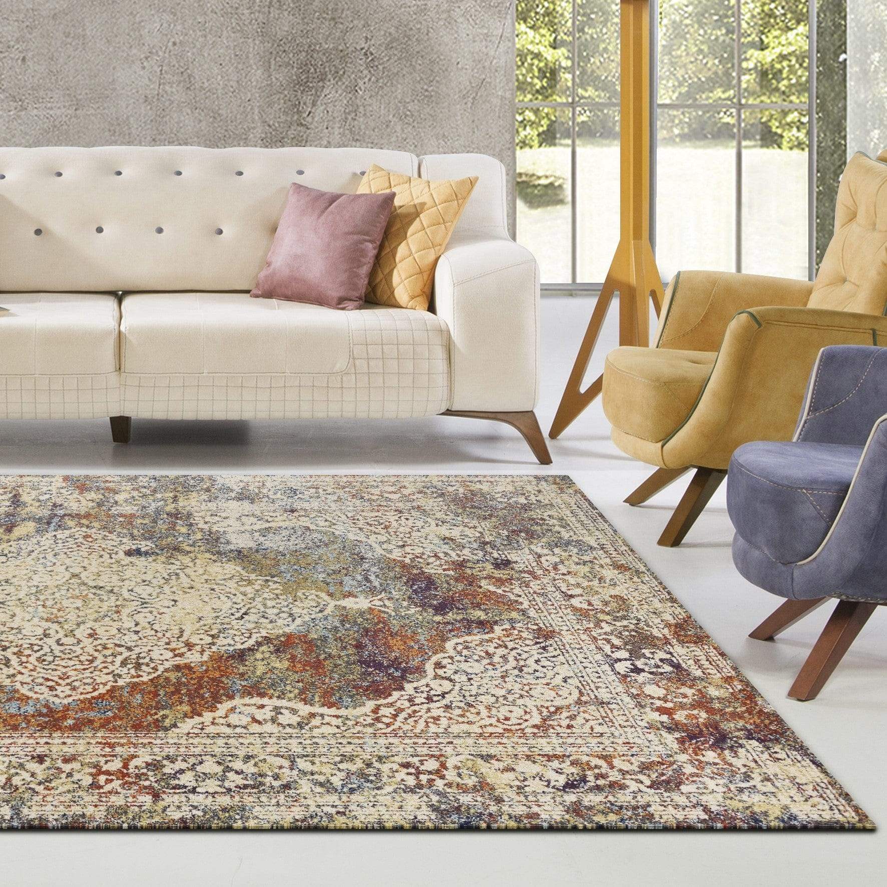 5' X 8' Ivory Navy and Orange Medallion Area Rug - Image 9