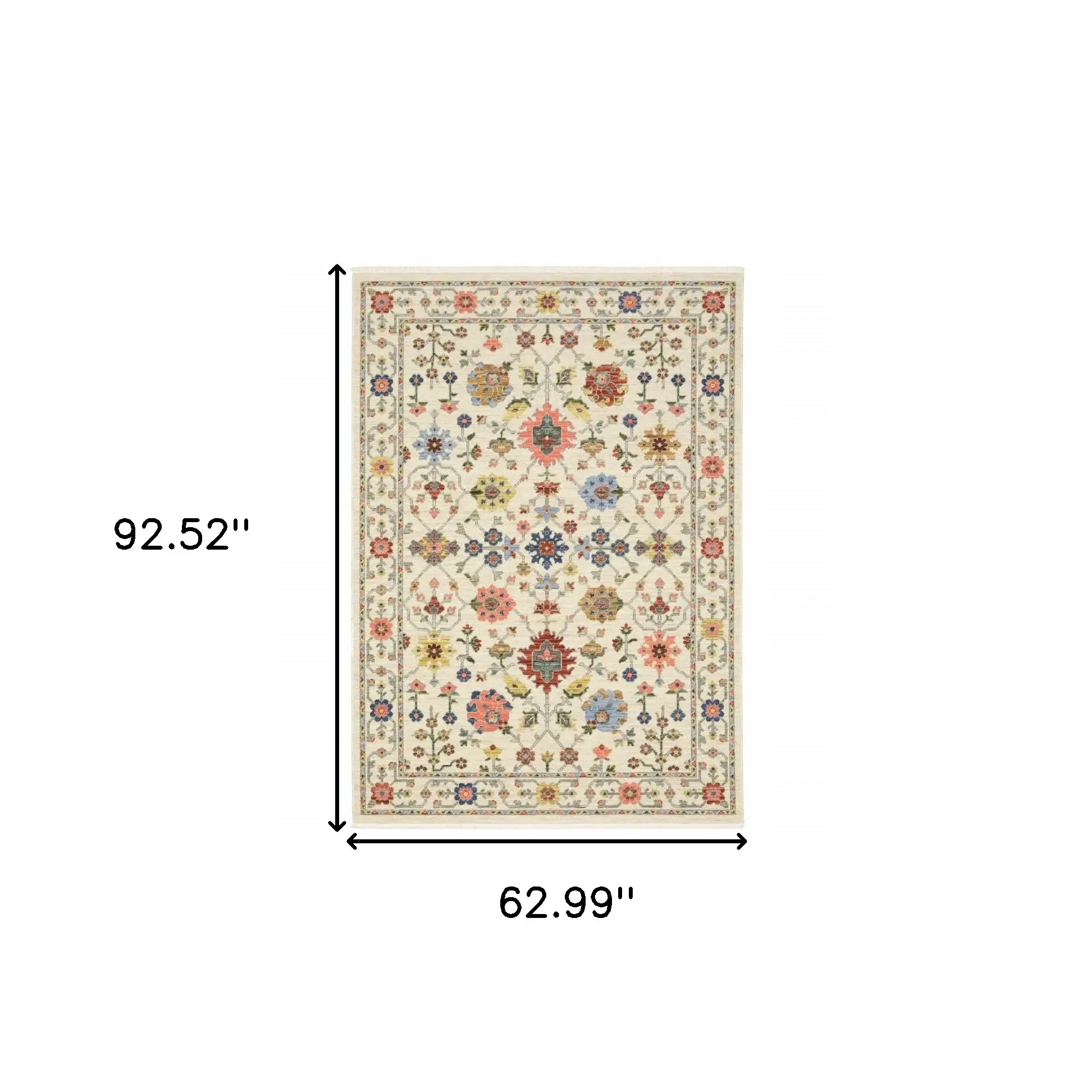 5' X 8' Ivory Salmon Pink Gold Blues Grey Rust And Green Oriental Power Loom Stain Resistant Area Rug With Fringe - Image 3