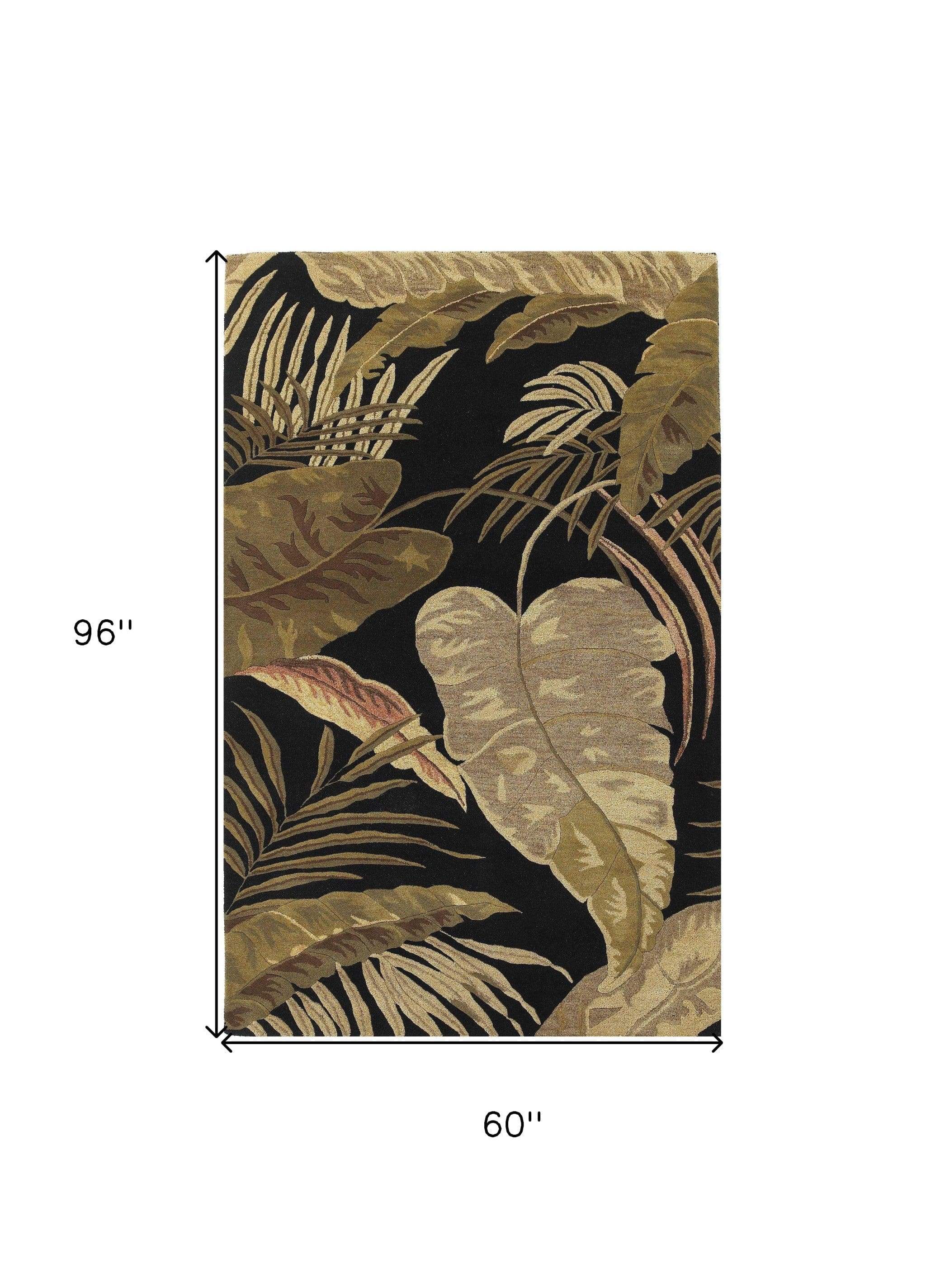 5' X 8' Midnight Black Hand Tufted Tropical Leaves Indoor Area Rug - Image 3