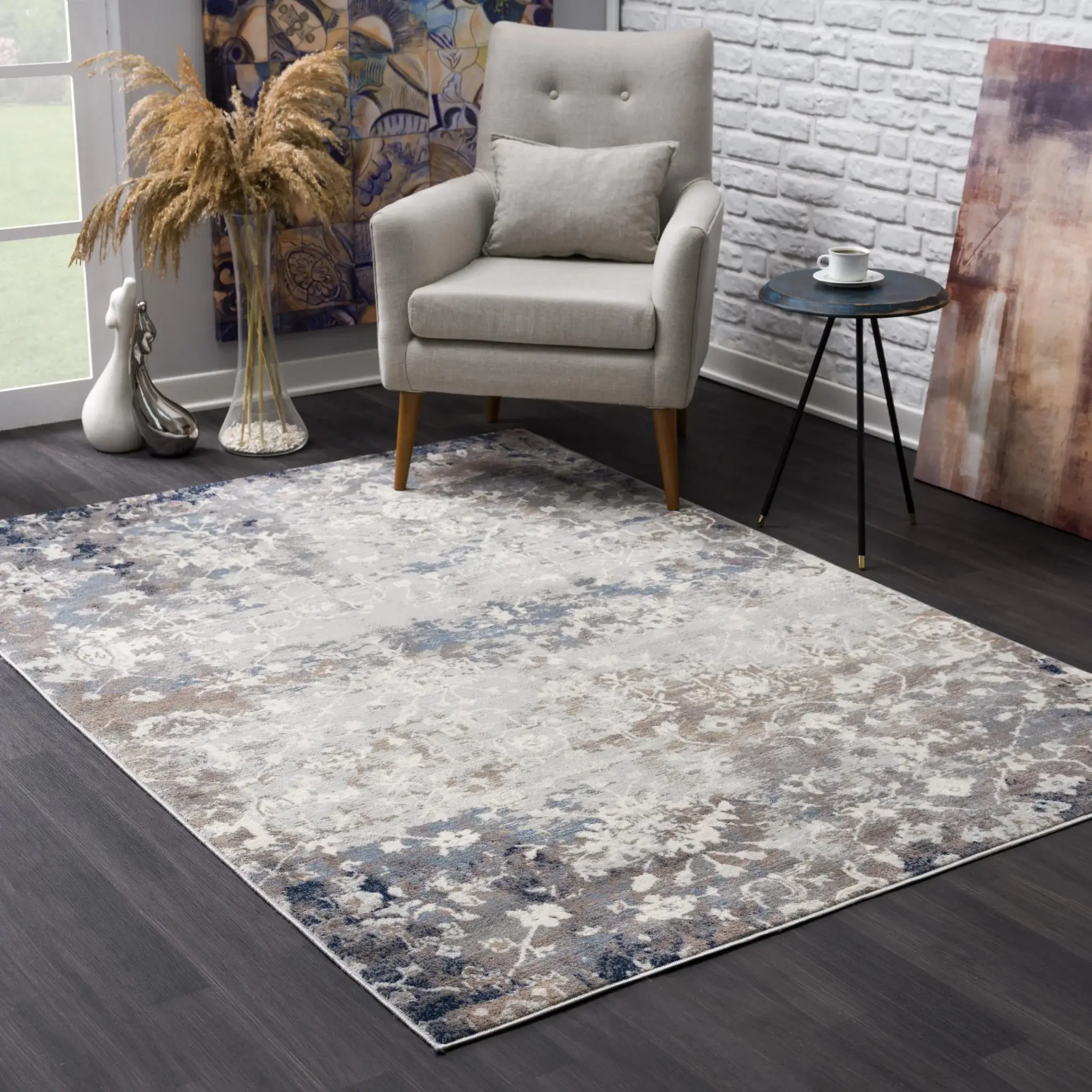 5' X 8' Navy And Beige Distressed Vines Area Rug - Image 5