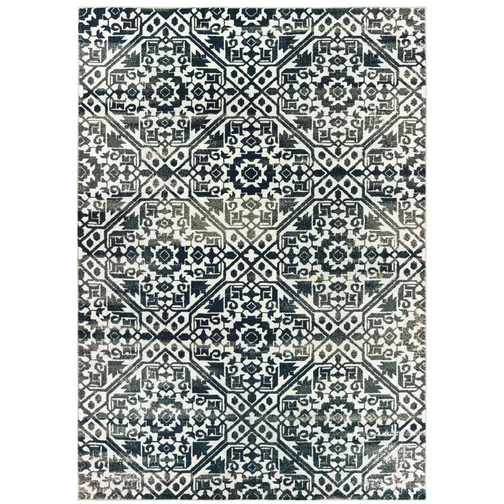 5' X 8' Navy And Ivory Geometric Power Loom Stain Resistant Area Rug - Image 2