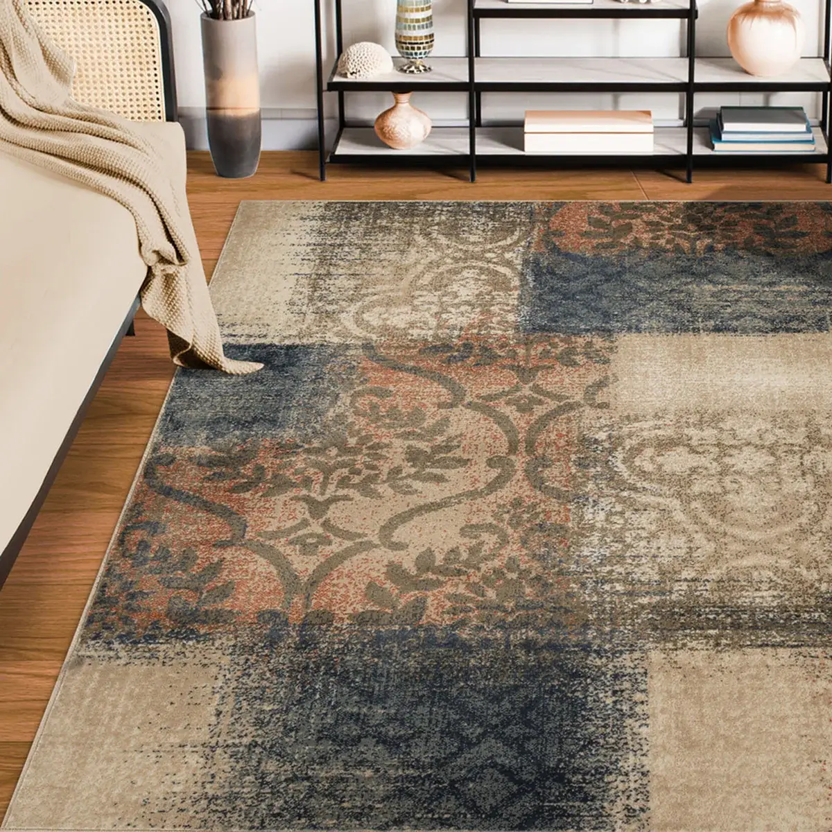 5' X 8' Navy And Salmon Damask Distressed Stain Resistant Area Rug - Image 3