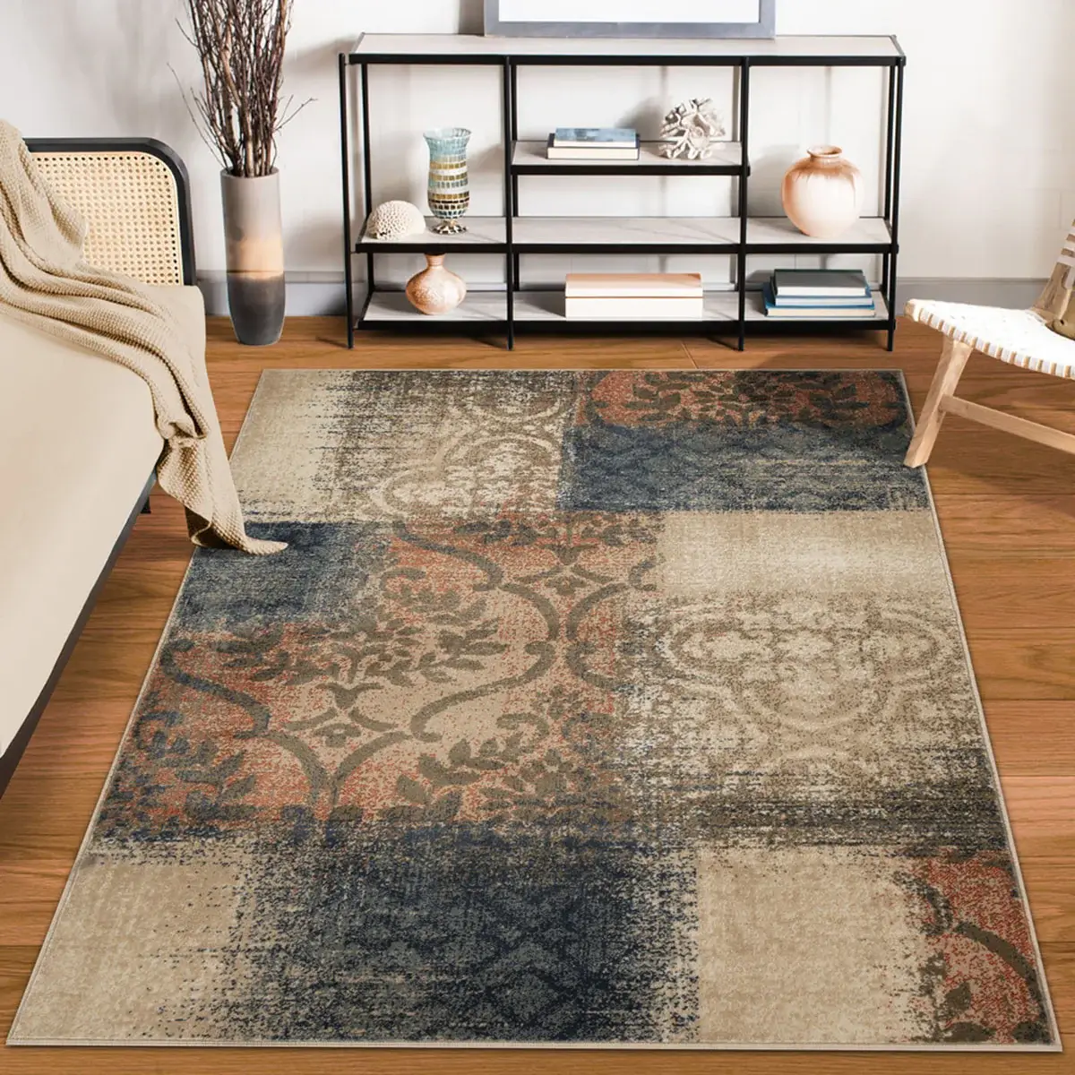 5' X 8' Navy And Salmon Damask Distressed Stain Resistant Area Rug - Image 5