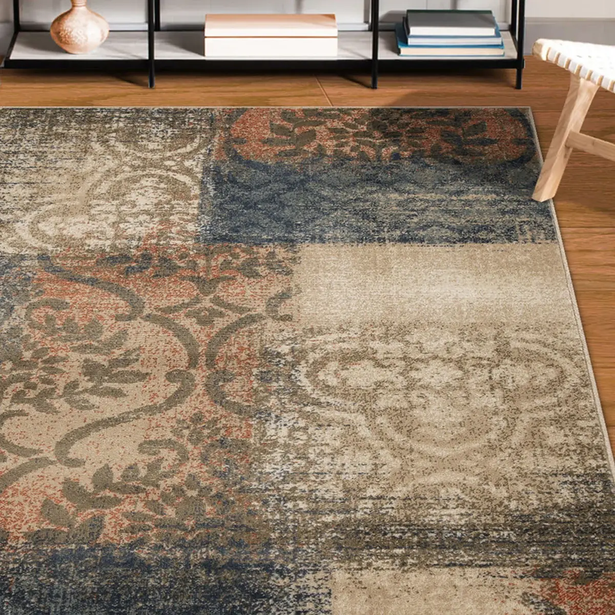 5' X 8' Navy And Salmon Damask Distressed Stain Resistant Area Rug - Image 6
