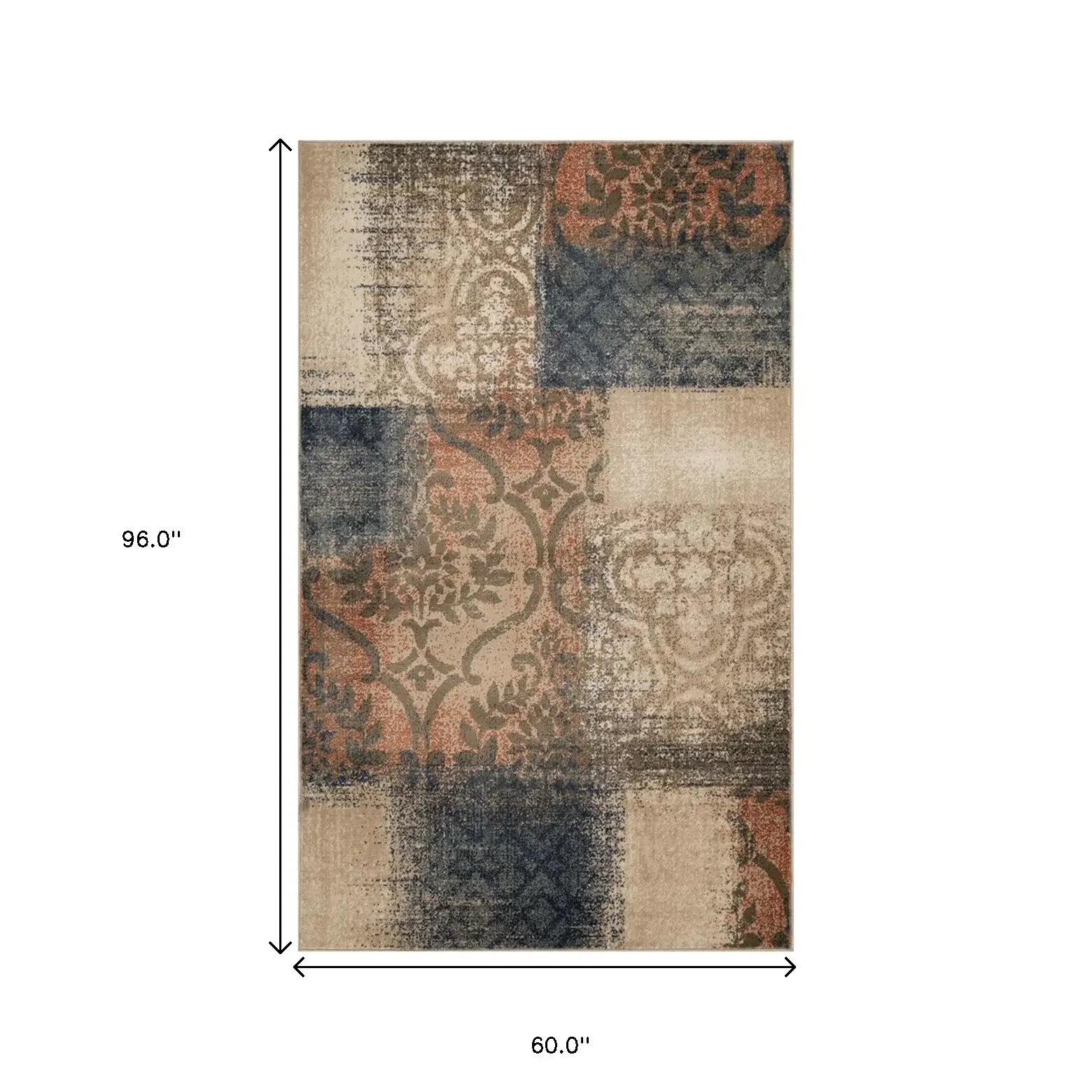 5' X 8' Navy And Salmon Damask Distressed Stain Resistant Area Rug - Image 7