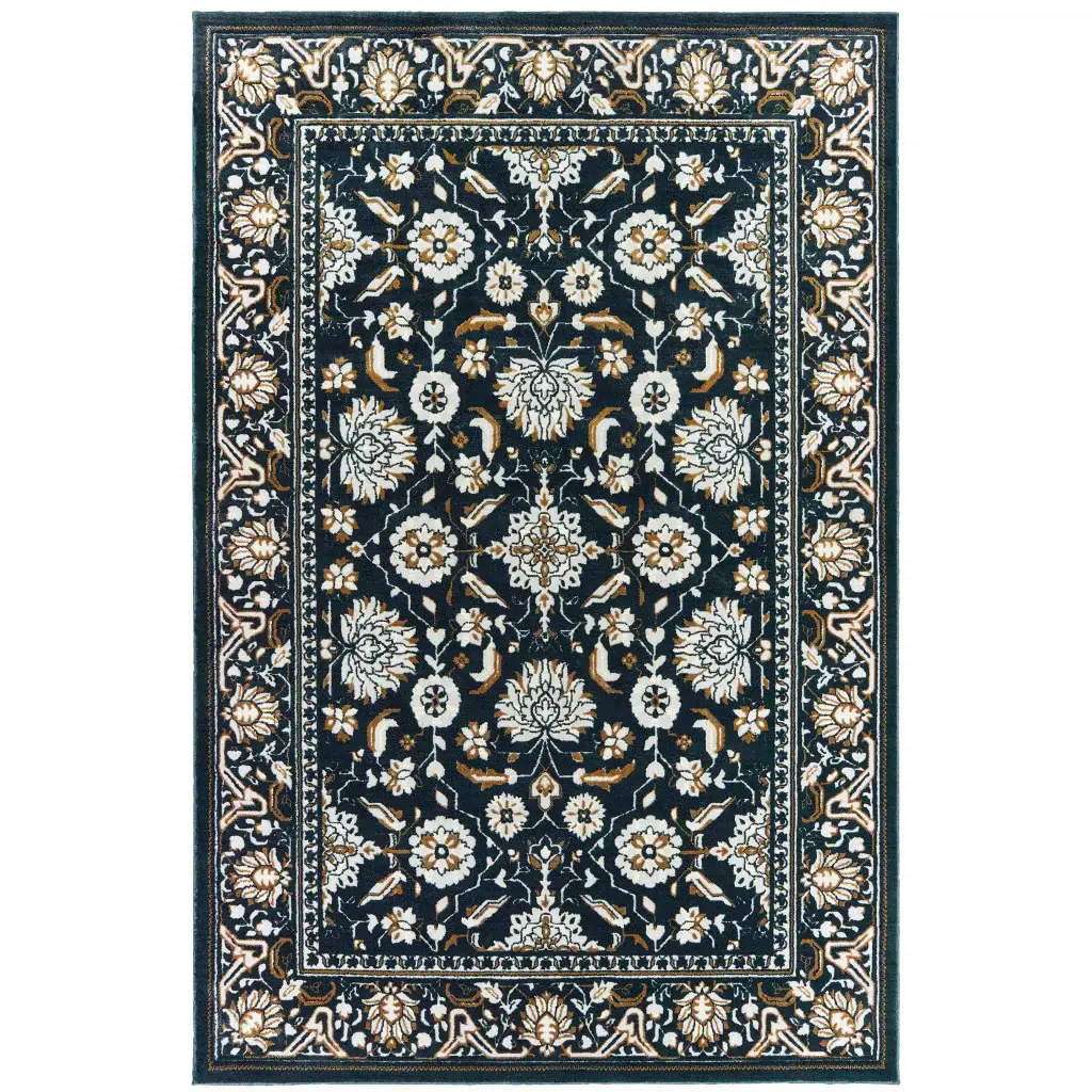 5' X 8' Navy Caramel And Ivory Oriental Power Loom Stain Resistant Area Rug - Image 3