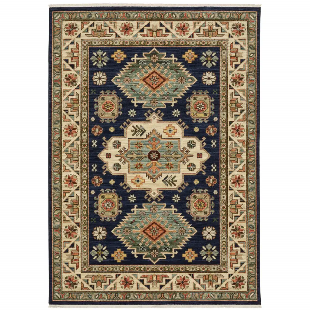 5' X 8' Navy Charcoal Orange Rust Gold Pale Blue Olive Beige And Salmon Oriental Power Loom Stain Resistant Area Rug With Fringe - Image 2