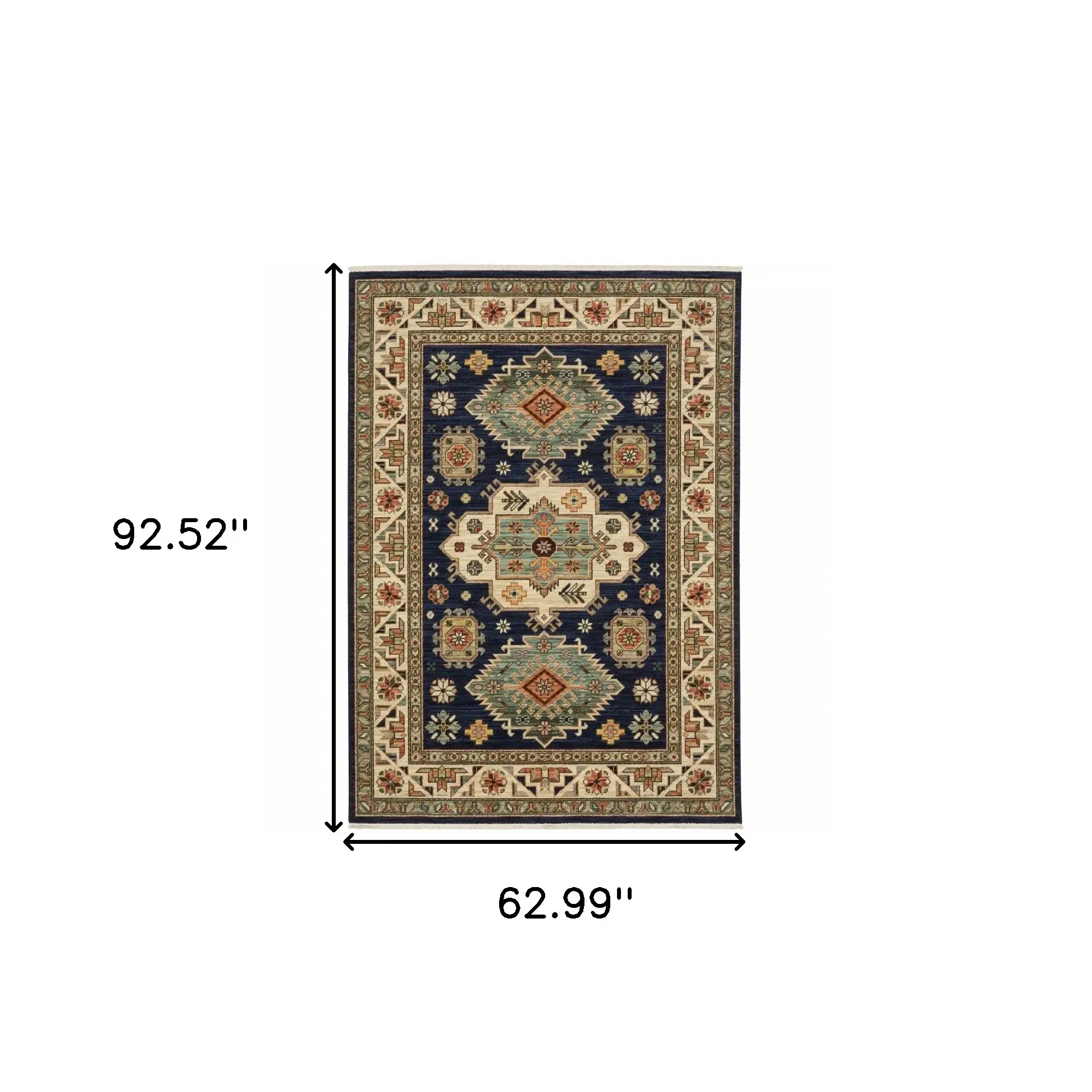 5' X 8' Navy Charcoal Orange Rust Gold Pale Blue Olive Beige And Salmon Oriental Power Loom Stain Resistant Area Rug With Fringe - Image 3