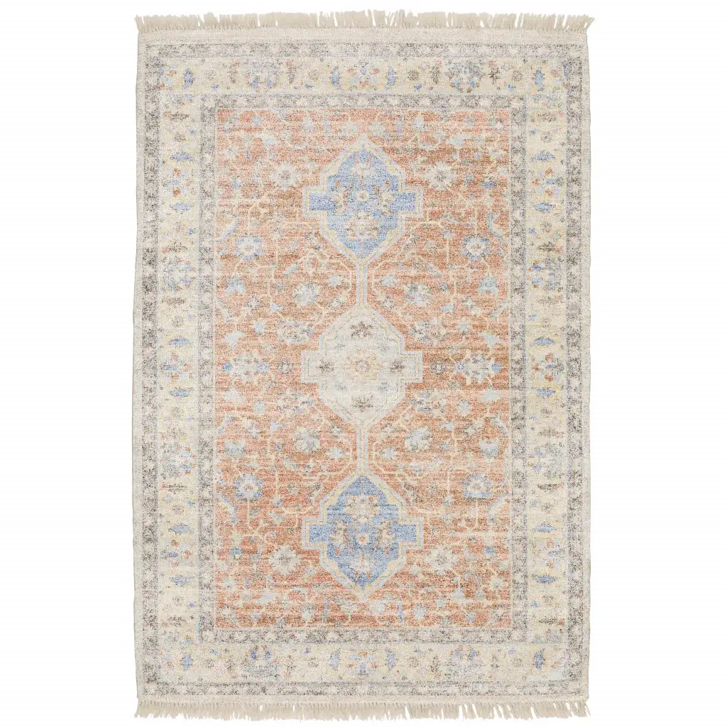 5' X 8' Orange And Blue Oriental Hand Loomed Stain Resistant Area Rug With Fringe - Image 2
