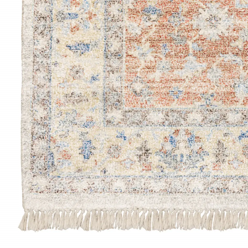 5' X 8' Orange And Blue Oriental Hand Loomed Stain Resistant Area Rug With Fringe - Image 4