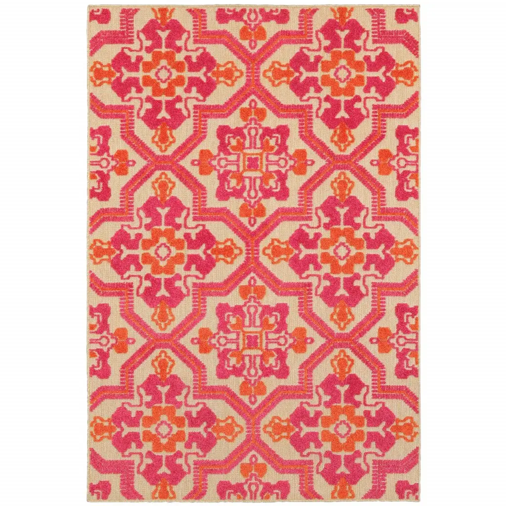 5' X 8' Pink and Orange Moroccan Indoor Outdoor Area Rug