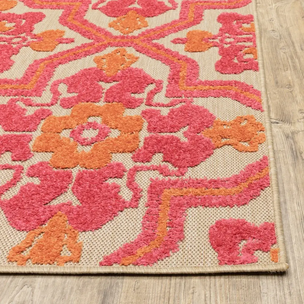 5' X 8' Pink and Orange Moroccan Indoor Outdoor Area Rug - Image 4