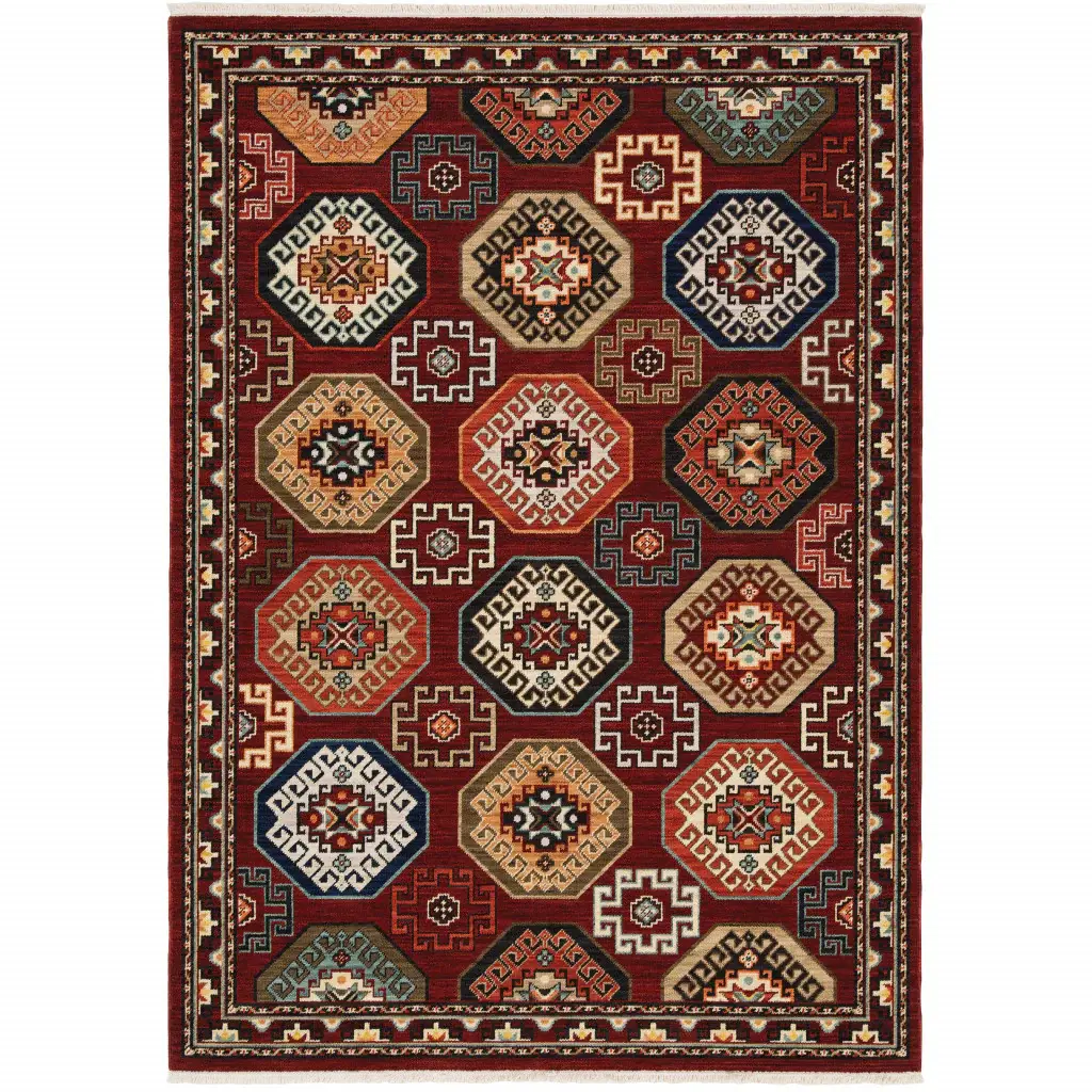 5' X 8' Red Blue Brown And Beige Oriental Power Loom Stain Resistant Area Rug With Fringe - Image 2