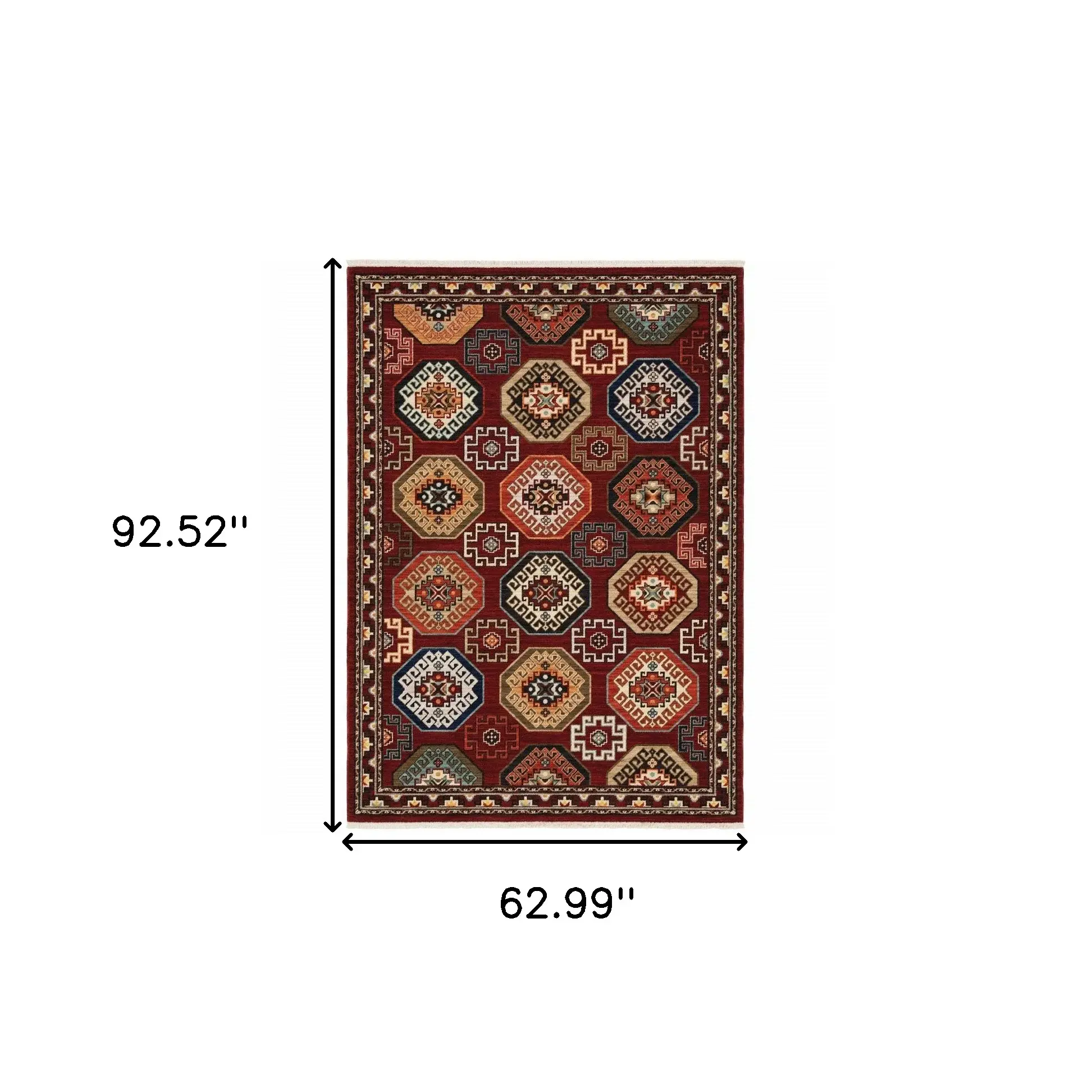 5' X 8' Red Blue Brown And Beige Oriental Power Loom Stain Resistant Area Rug With Fringe - Image 3