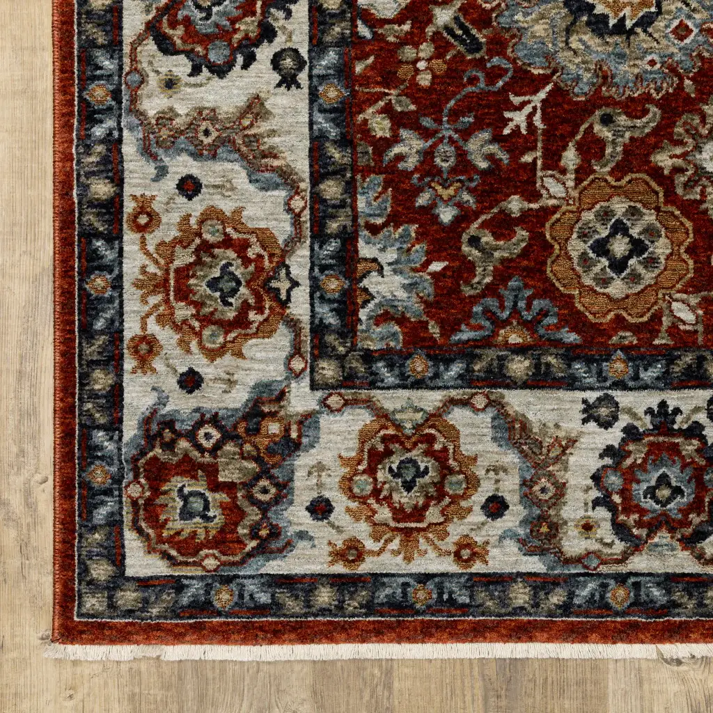 5' X 8' Red Blue Ivory Gold And Navy Oriental Power Loom Stain Resistant Area Rug With Fringe - Image 4