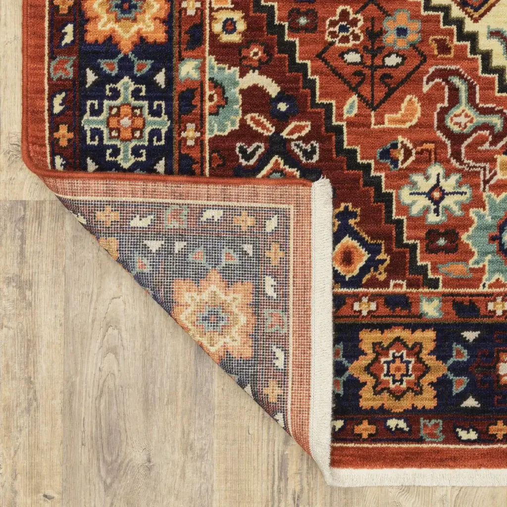5' X 8' Red Blue Machine Woven Oriental Indoor Area Rug - Image 5