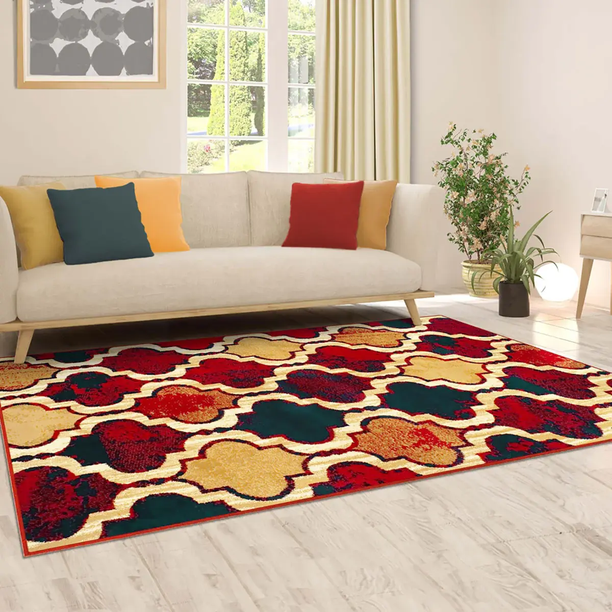 5' X 8' Red Blue Quatrefoil Power Loom Distressed Stain Resistant Area Rug - Image 4