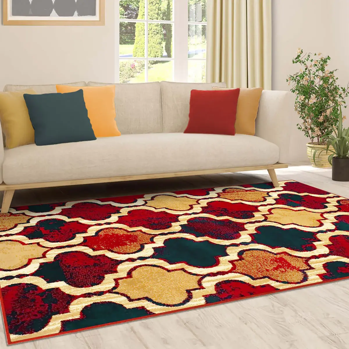 5' X 8' Red Blue Quatrefoil Power Loom Distressed Stain Resistant Area Rug - Image 5