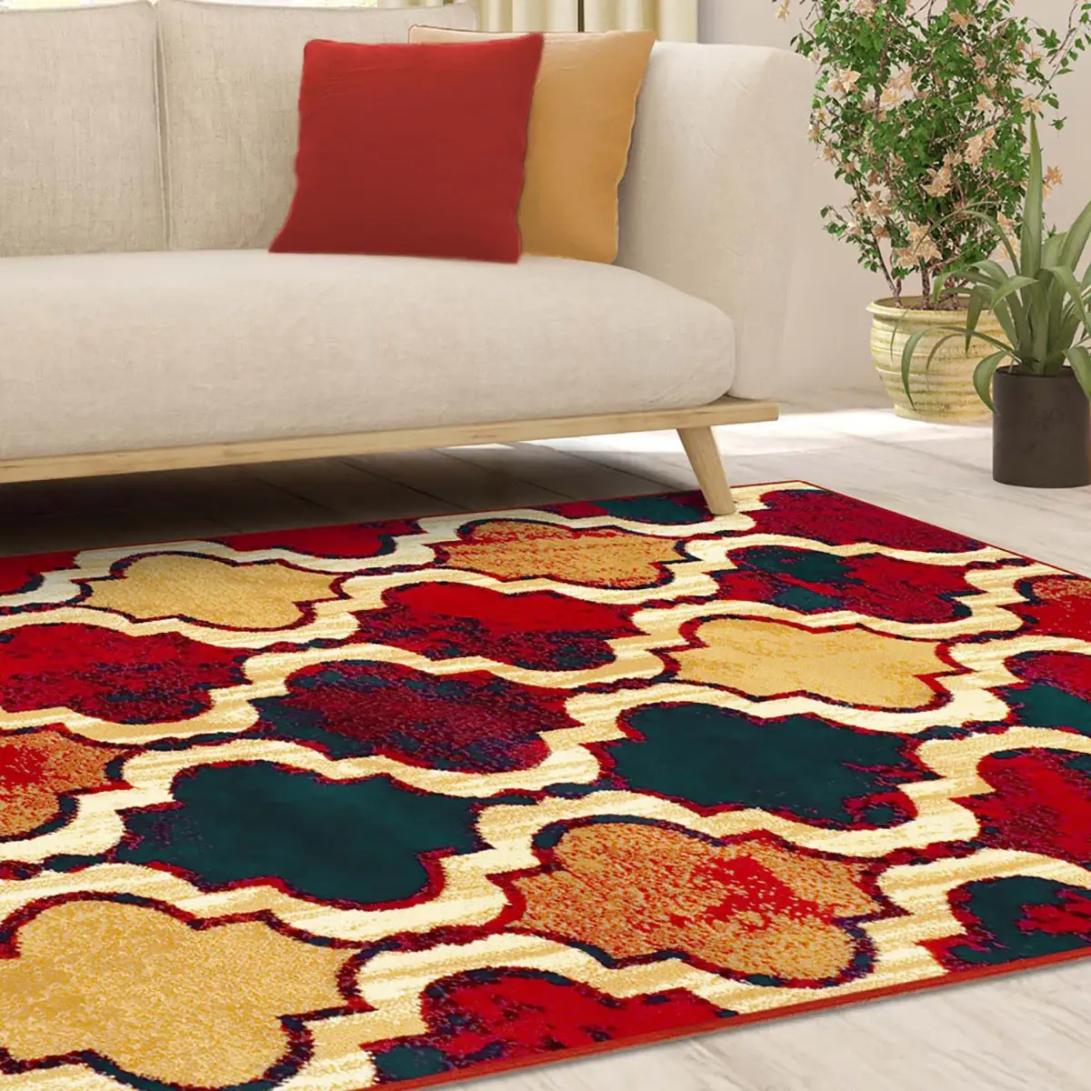 5' X 8' Red Blue Quatrefoil Power Loom Distressed Stain Resistant Area Rug - Image 6