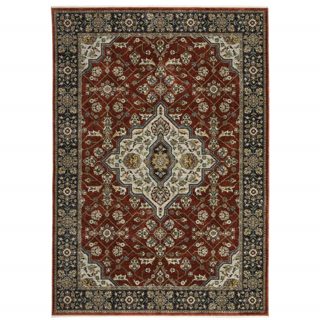 5' X 8' Red Ivory Blue Navy Gold And Grey Oriental Power Loom Stain Resistant Area Rug With Fringe - Image 2