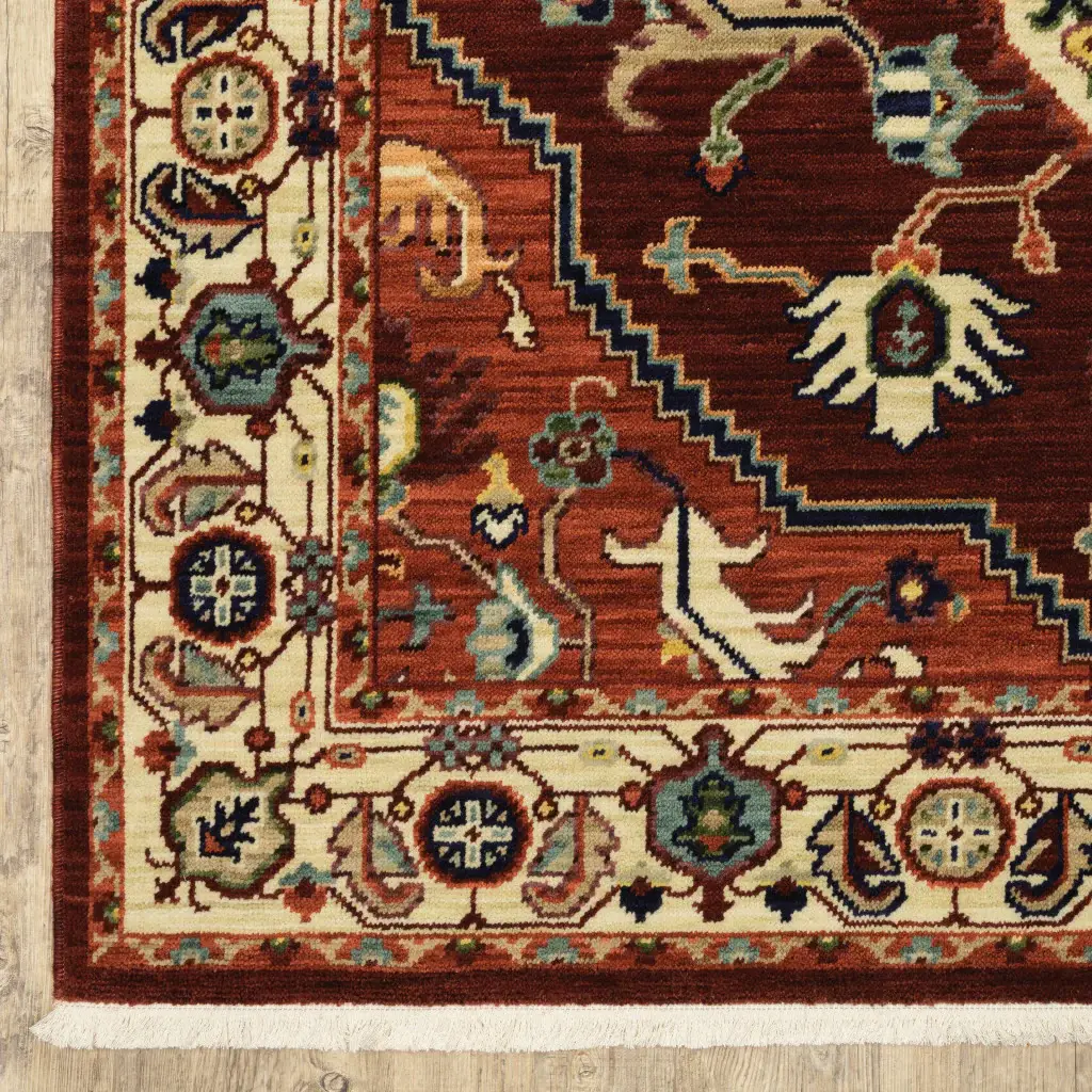 5' X 8' Red Ivory Orange And Blue Oriental Power Loom Stain Resistant Area Rug With Fringe - Image 3