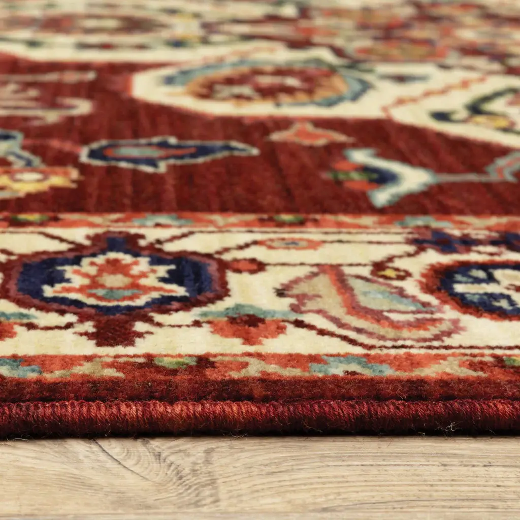 5' X 8' Red Ivory Orange And Blue Oriental Power Loom Stain Resistant Area Rug With Fringe - Image 4