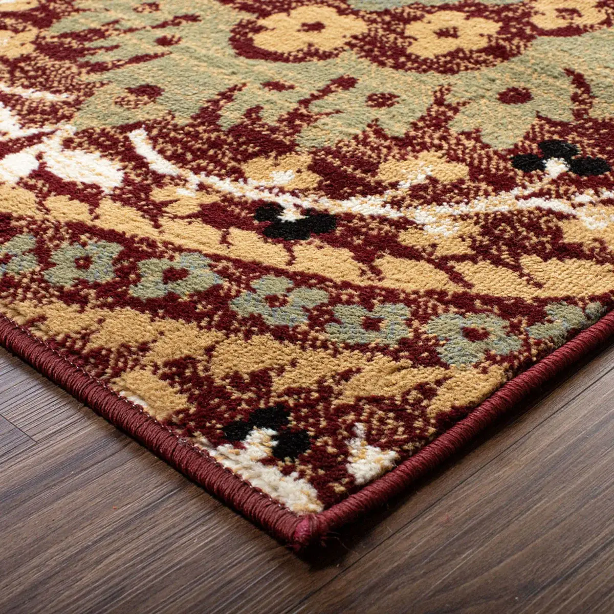 5' X 8' Red Olive And Gold Floral Stain Resistant Area Rug - Image 3