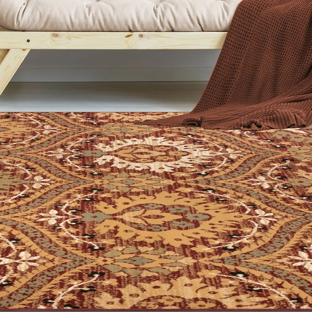 5' X 8' Red Olive And Gold Floral Stain Resistant Area Rug - Image 5