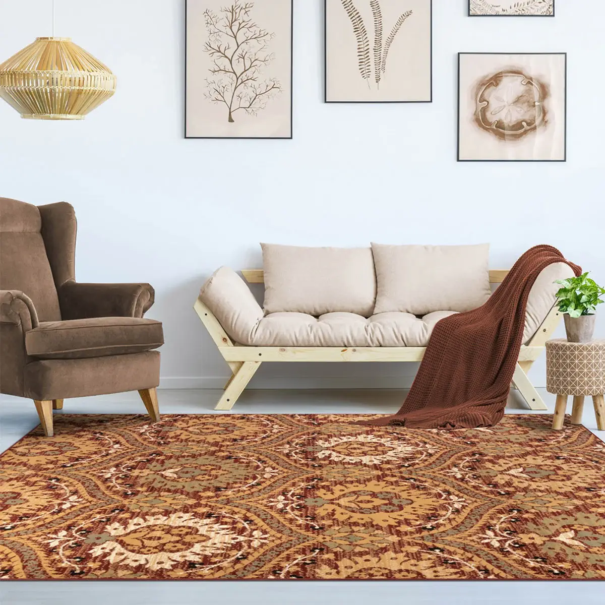 5' X 8' Red Olive And Gold Floral Stain Resistant Area Rug - Image 7