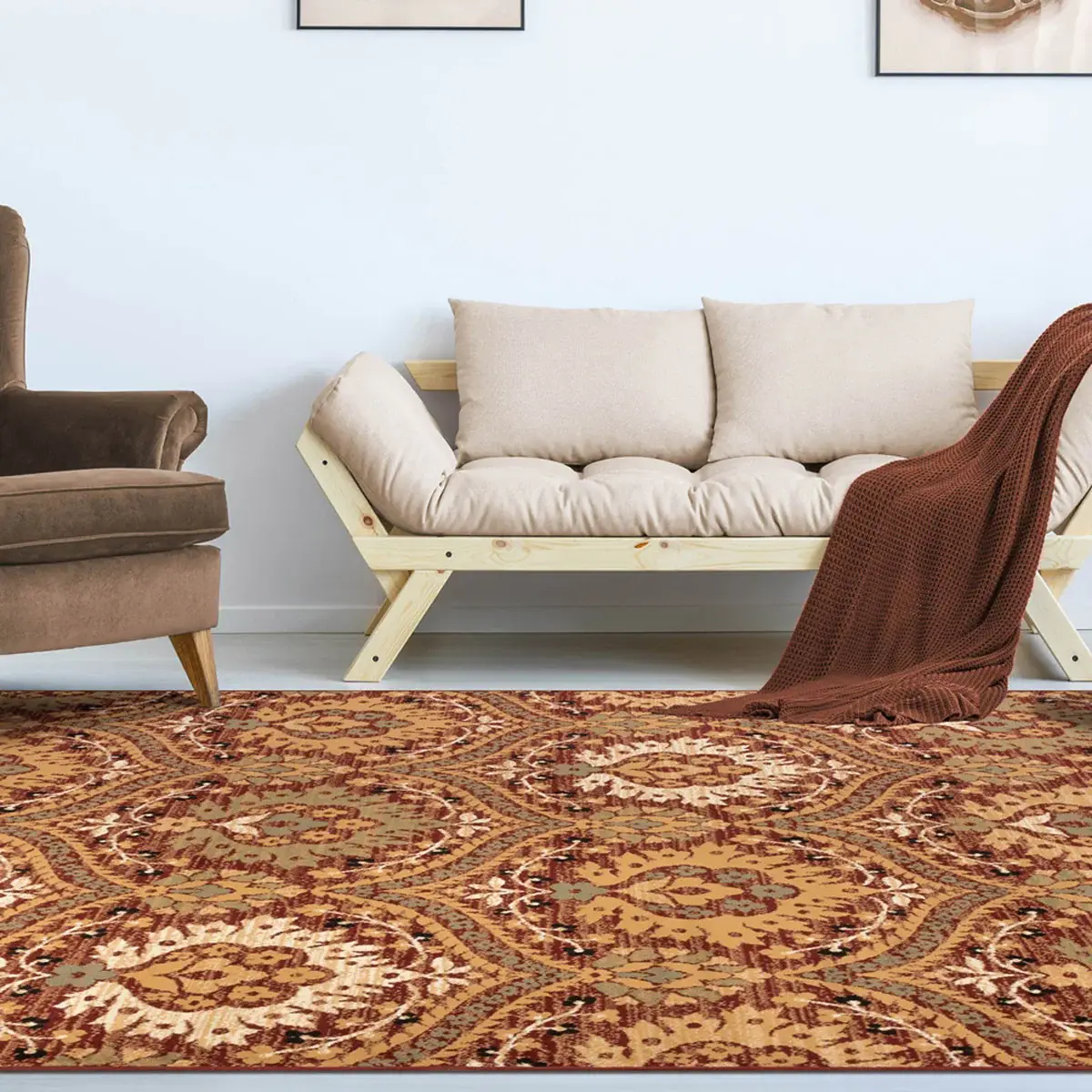 5' X 8' Red Olive And Gold Floral Stain Resistant Area Rug - Image 8