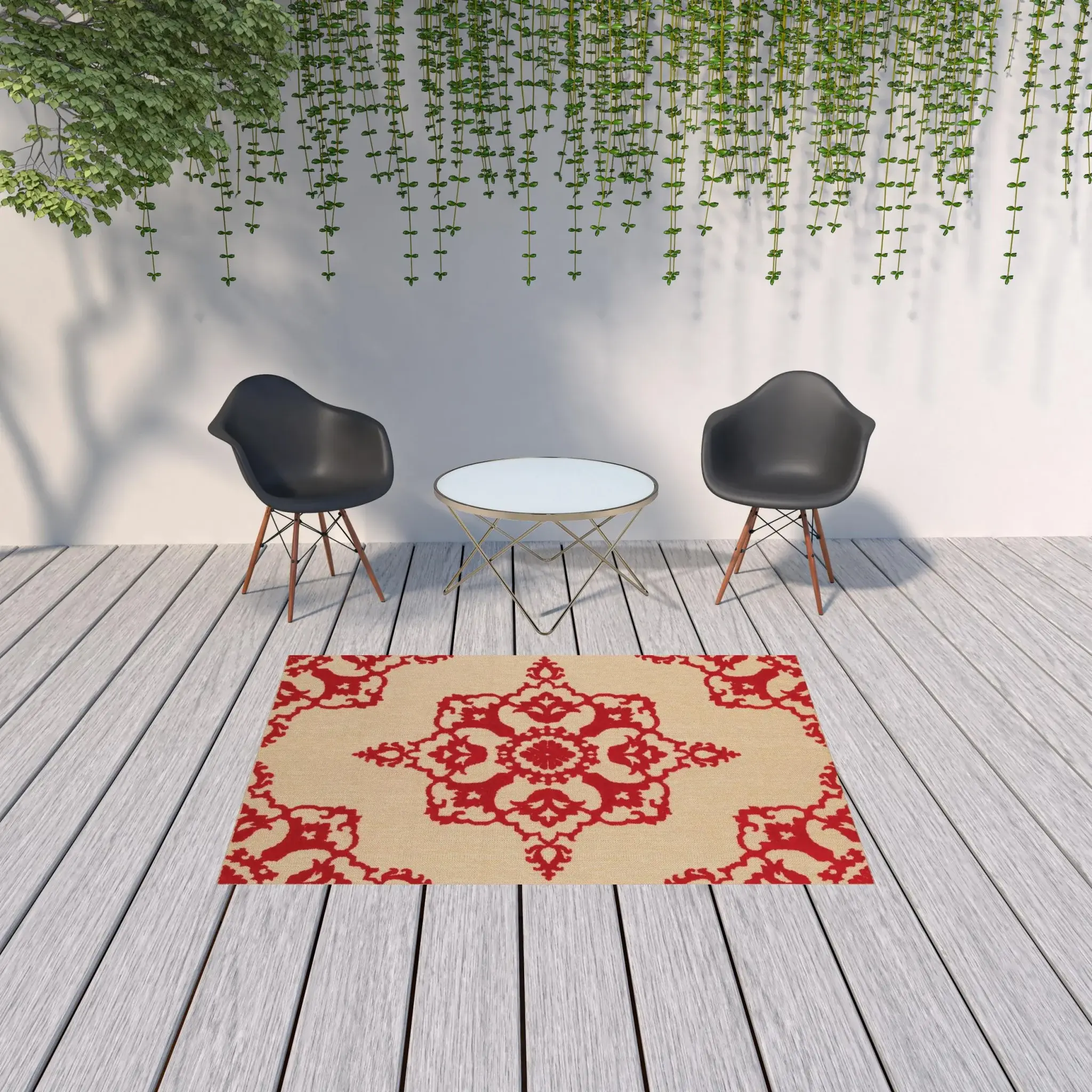 5' X 8' Red Oriental Stain Resistant Indoor Outdoor Area Rug - Image 2