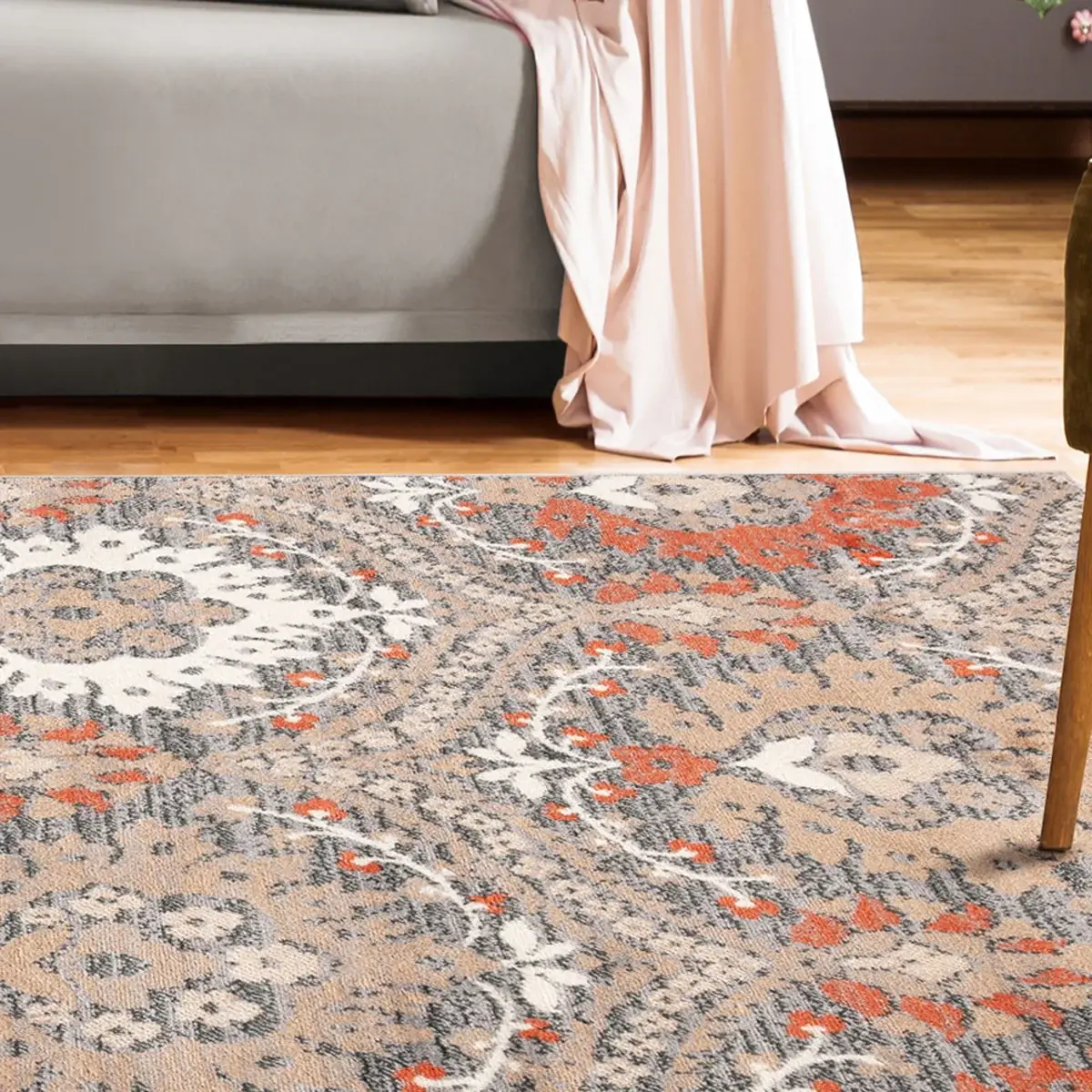 5' X 8' Rust Floral Stain Resistant Area Rug - Image 6