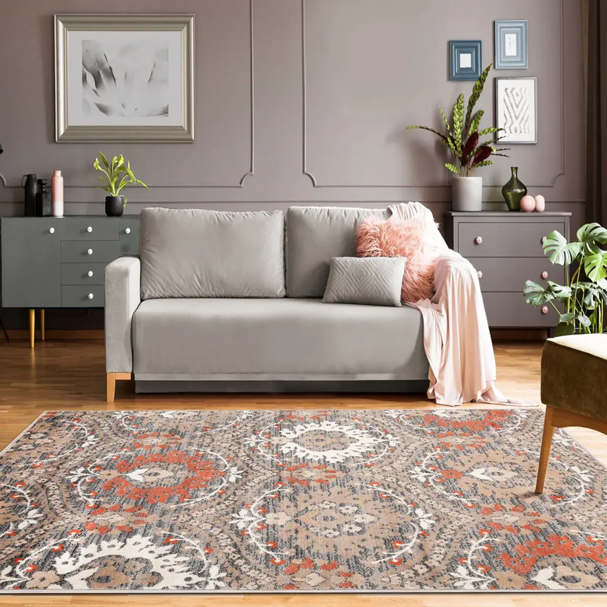5' X 8' Rust Floral Stain Resistant Area Rug - Image 7