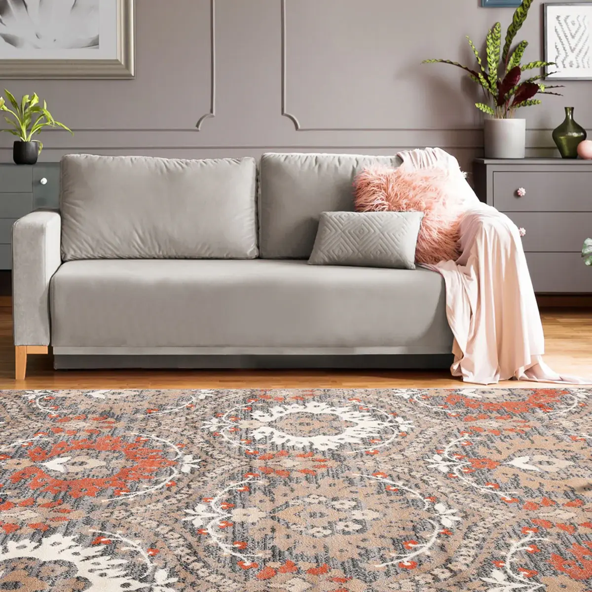 5' X 8' Rust Floral Stain Resistant Area Rug - Image 8