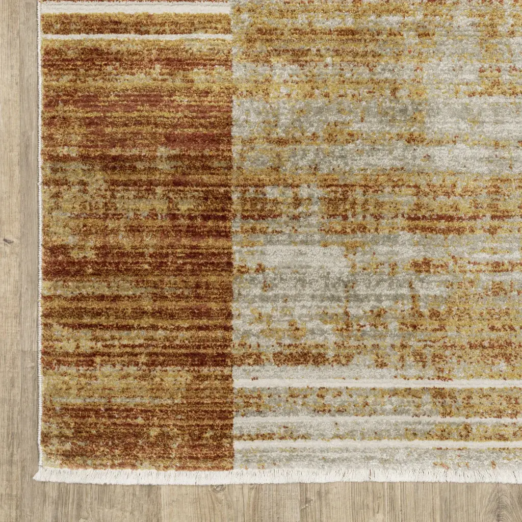 5' X 8' Rust Gold Blue Grey Ivory And Tan Geometric Power Loom Stain Resistant Area Rug With Fringe - Image 4