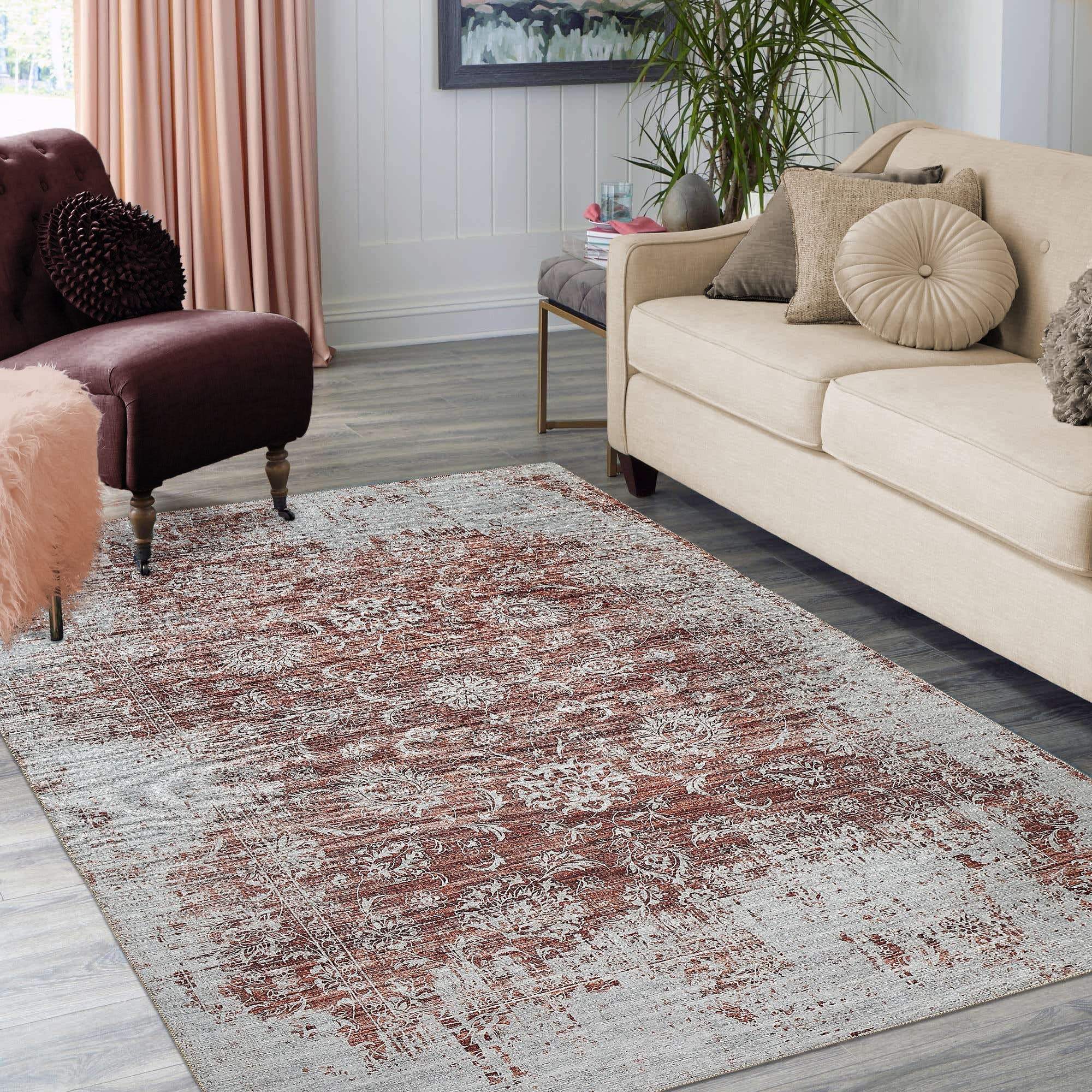 5' X 8' Rust Oriental Distressed Stain Resistant Area Rug - Image 6