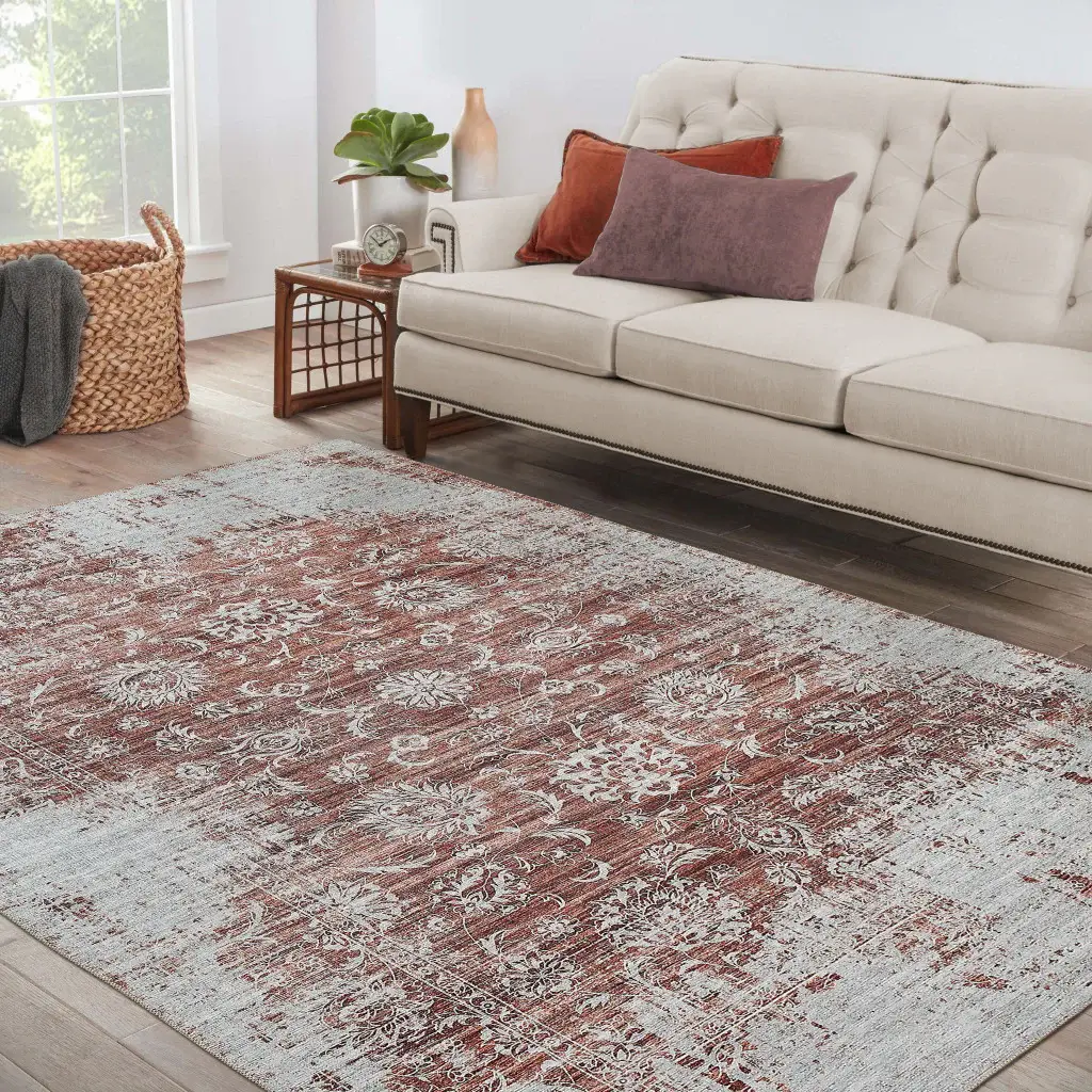 5' X 8' Rust Oriental Distressed Stain Resistant Area Rug - Image 7