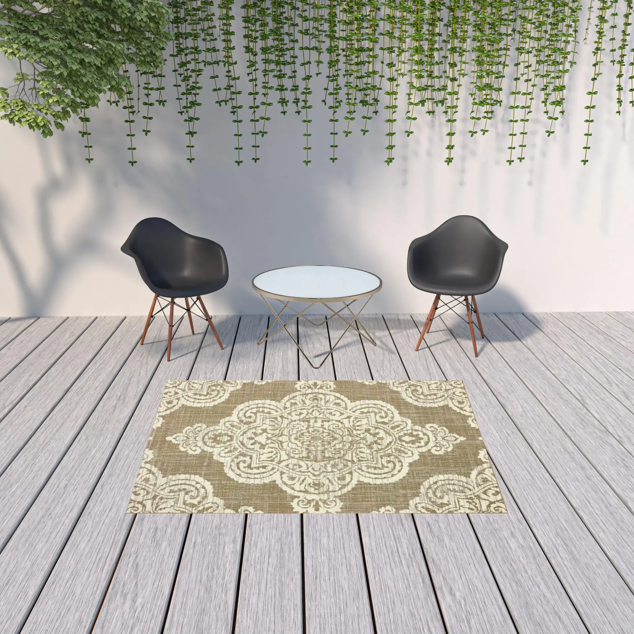5' X 8' Tan Oriental Stain Resistant Indoor Outdoor Area Rug - Image 2