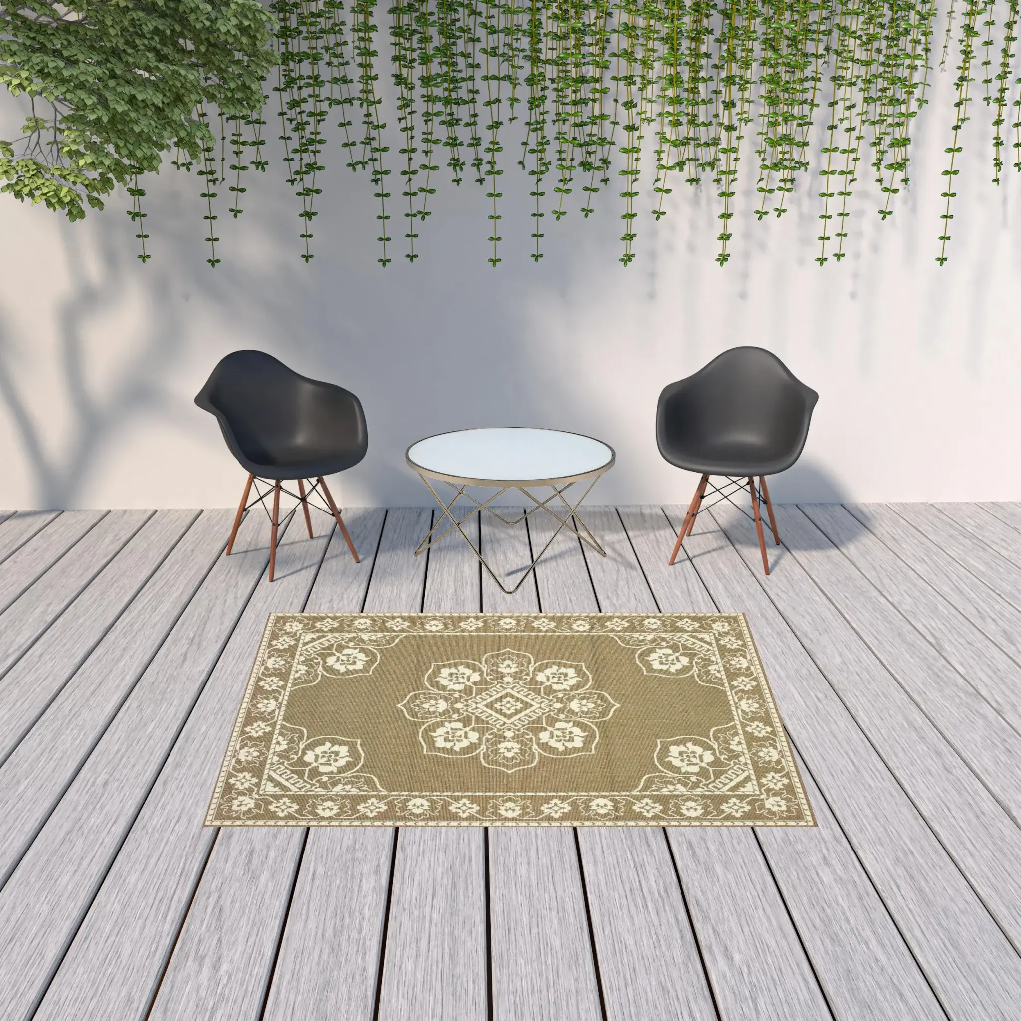 5' X 8' Tan Oriental Stain Resistant Indoor Outdoor Area Rug - Image 2