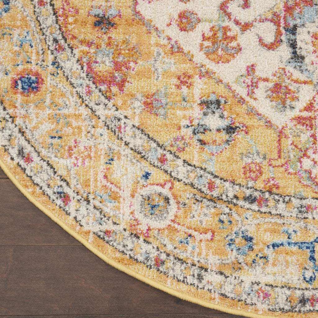 5' Yellow and Ivory Round Floral Medallion Shag Area Rug - Image 5